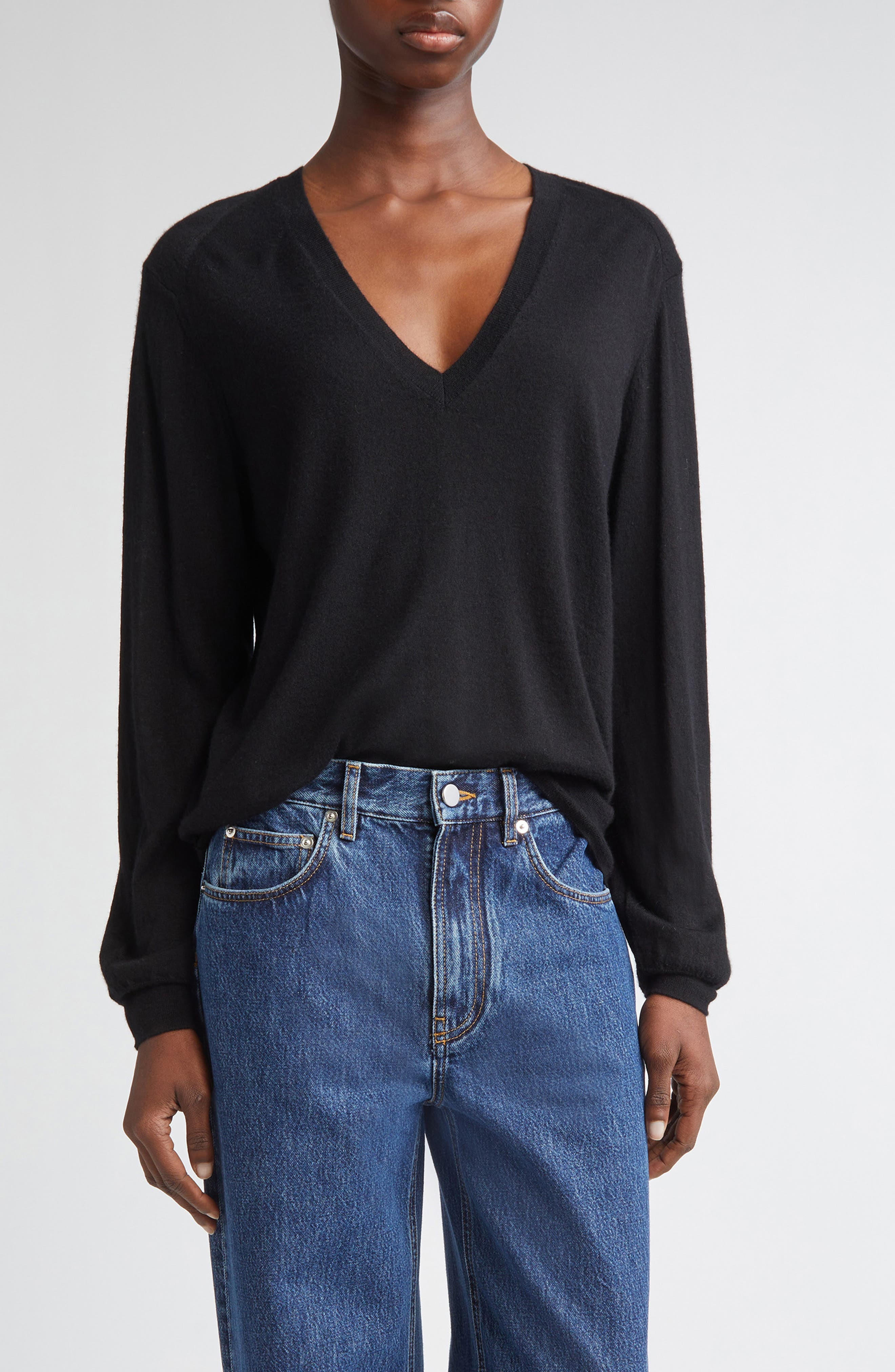 LOULOU DE SAISON Julio Thin Cashmere V-Neck Sweater in Black at Nordstrom - 1