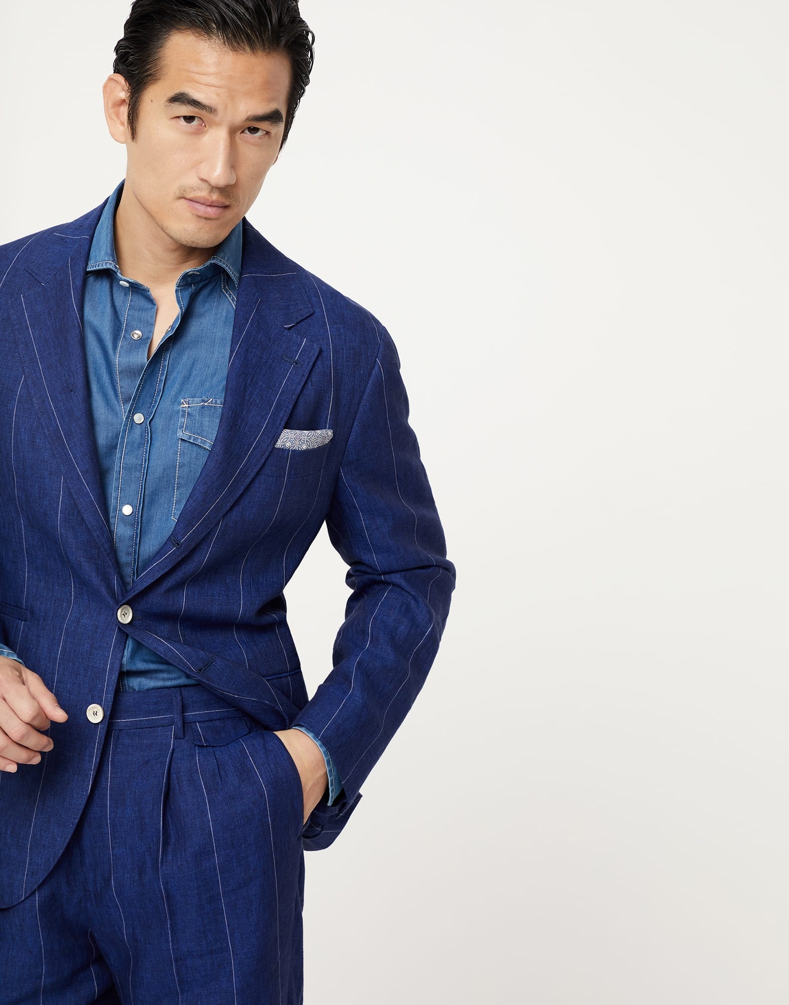 Linen wide chalk stripe Leisure suit: deconstructed jacket and double-pleated trousers with tabbed w - 3