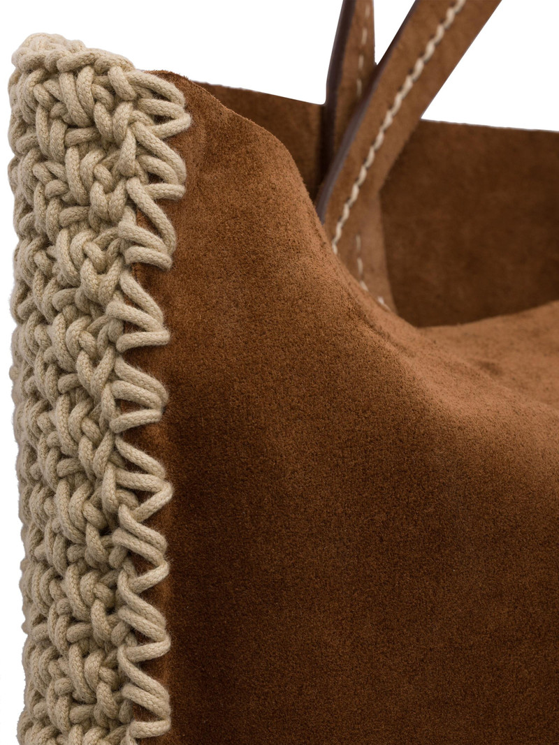 Women's Large Suede and Crochet Tote Bag - Dark Brown 6
