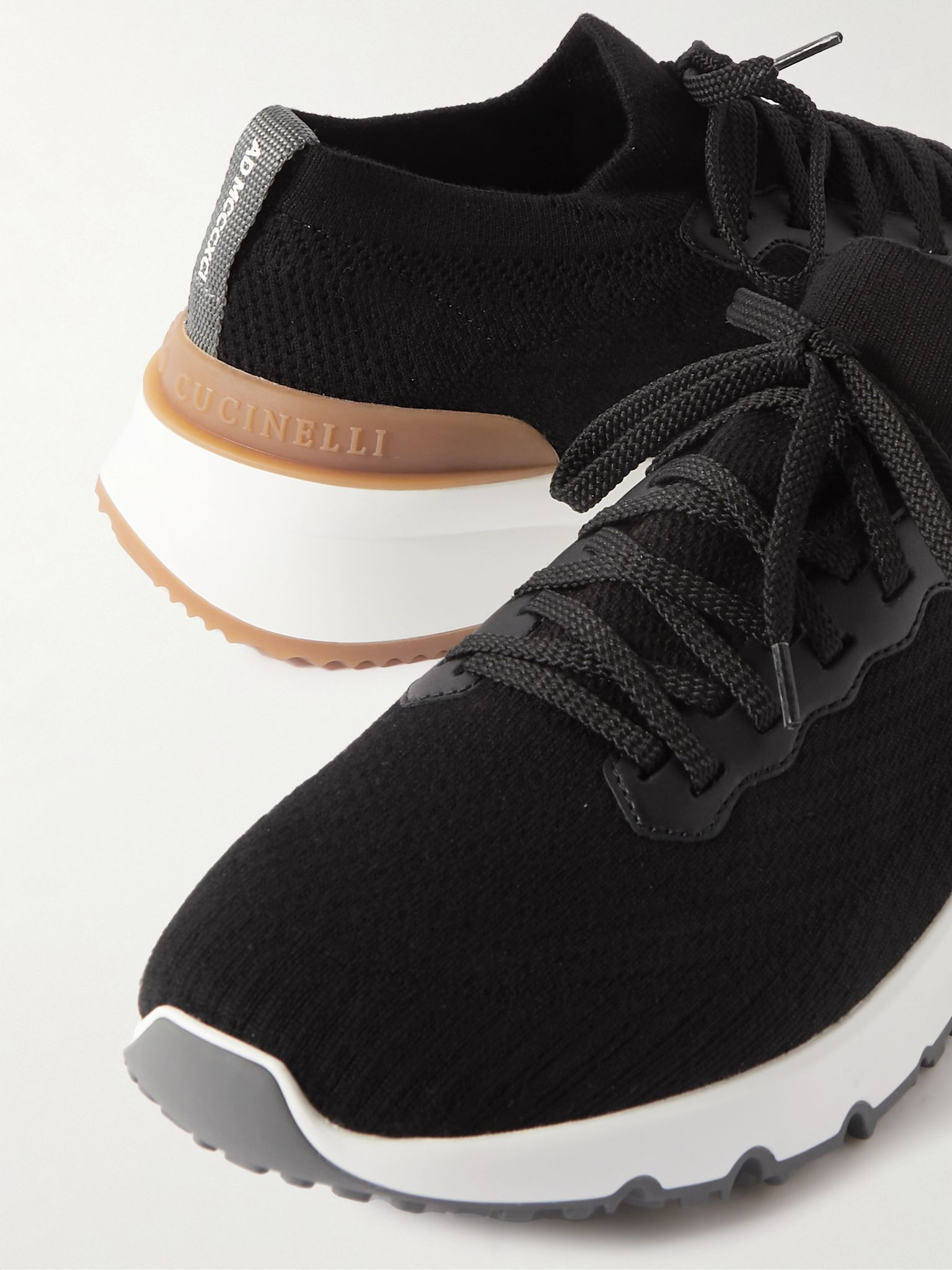 Leather-Trimmed Stretch-Knit Sneakers Black - 5