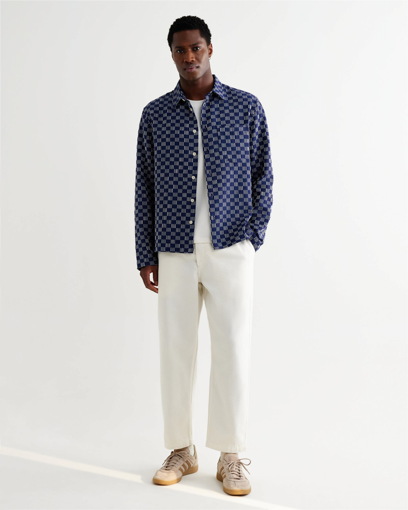 Breton - Indigo And Ecru Geometric Grid Stitch Overshirt 5