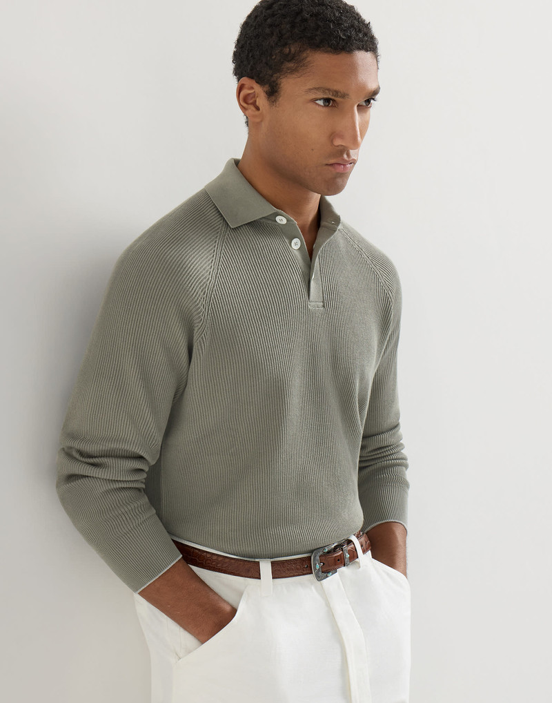 Cotton English rib knit polo with long raglan sleeves 5