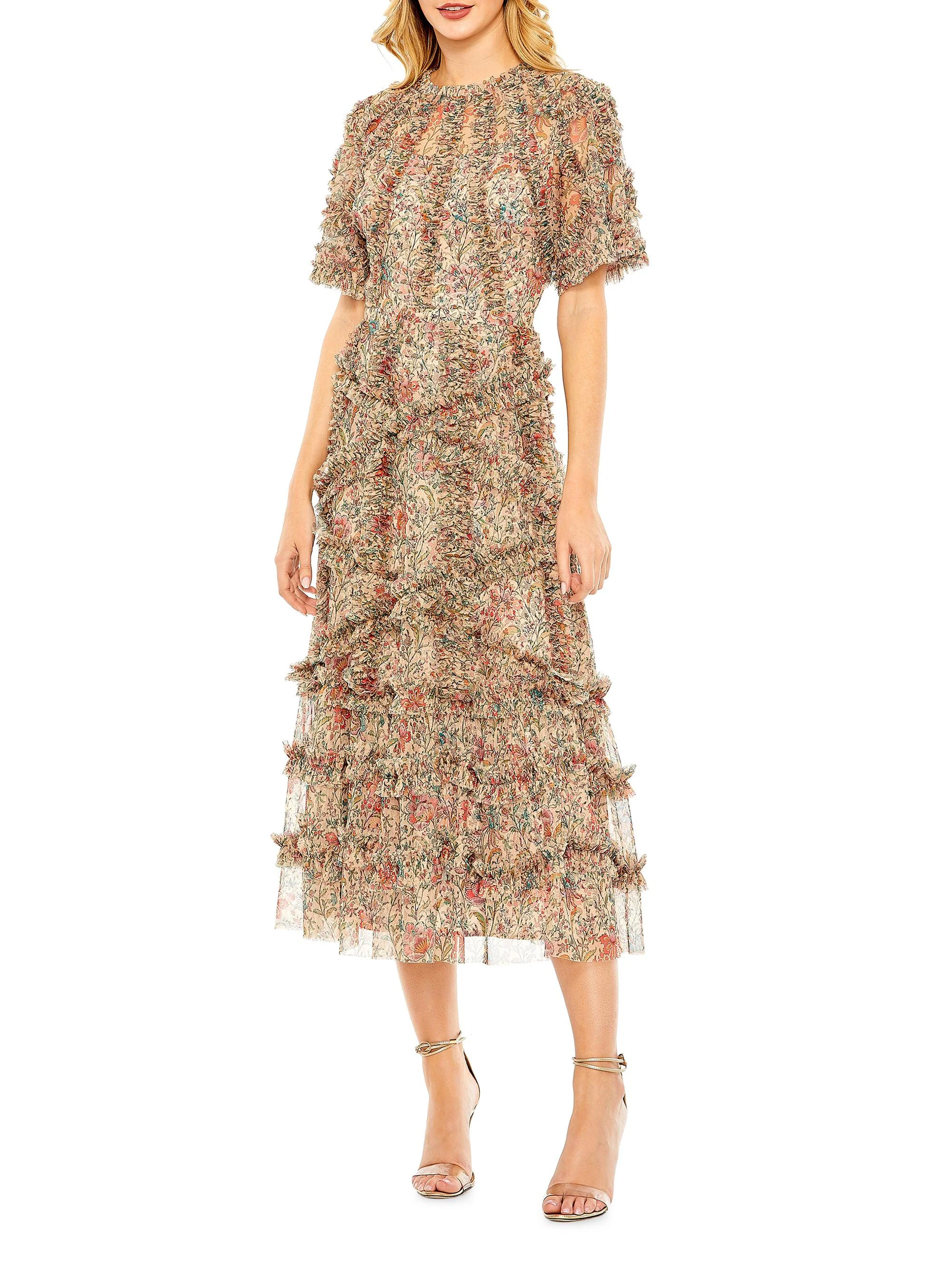 Women's Ruffled Floral Mesh Midi-Dress - Beige Multi - 1