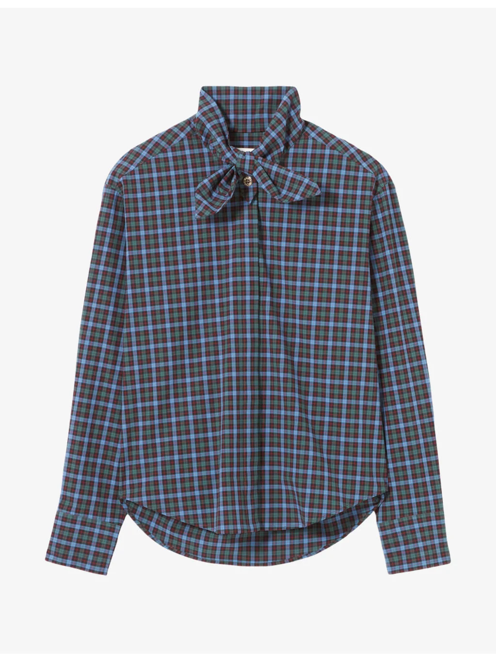 Checked Tie-Neck Cotton Blouse - 1