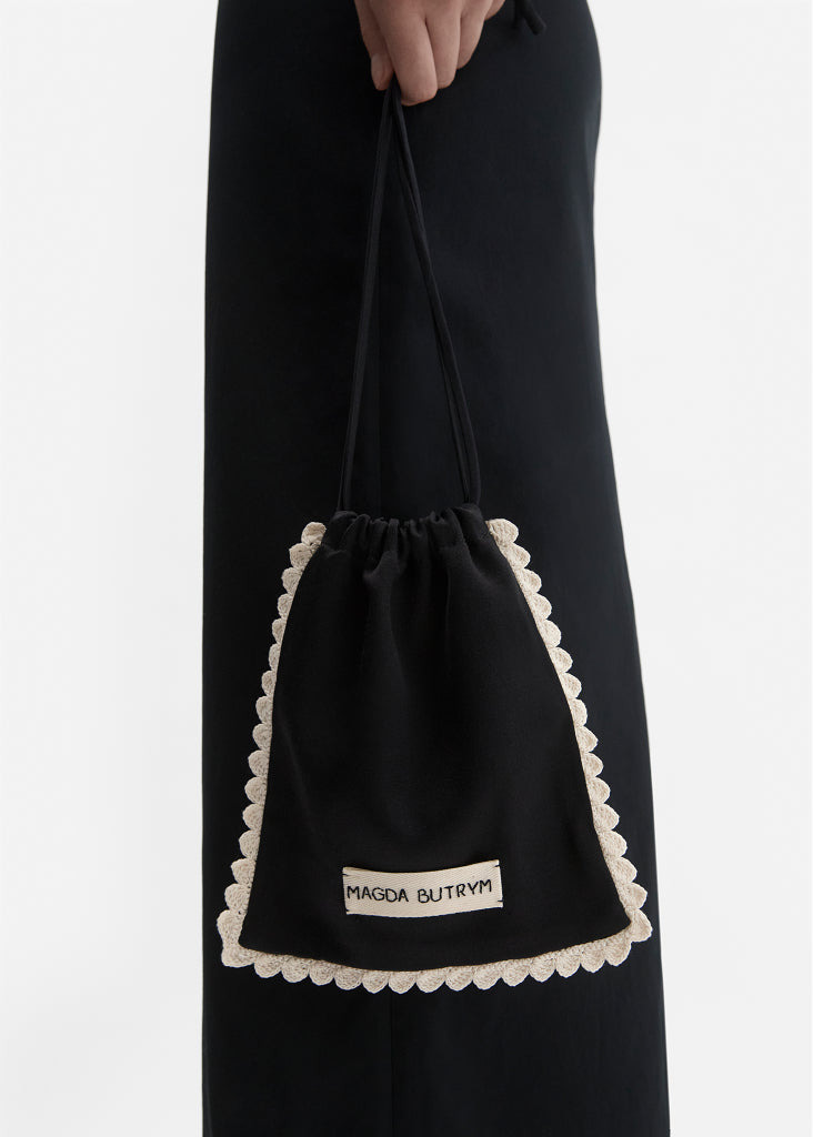 Silk pouch with crochet trim in black - 3
