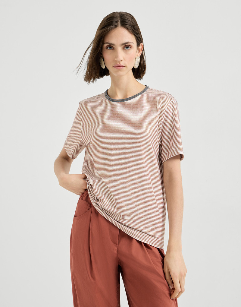 Striped linen lamé jersey T-shirt with shiny trim 2