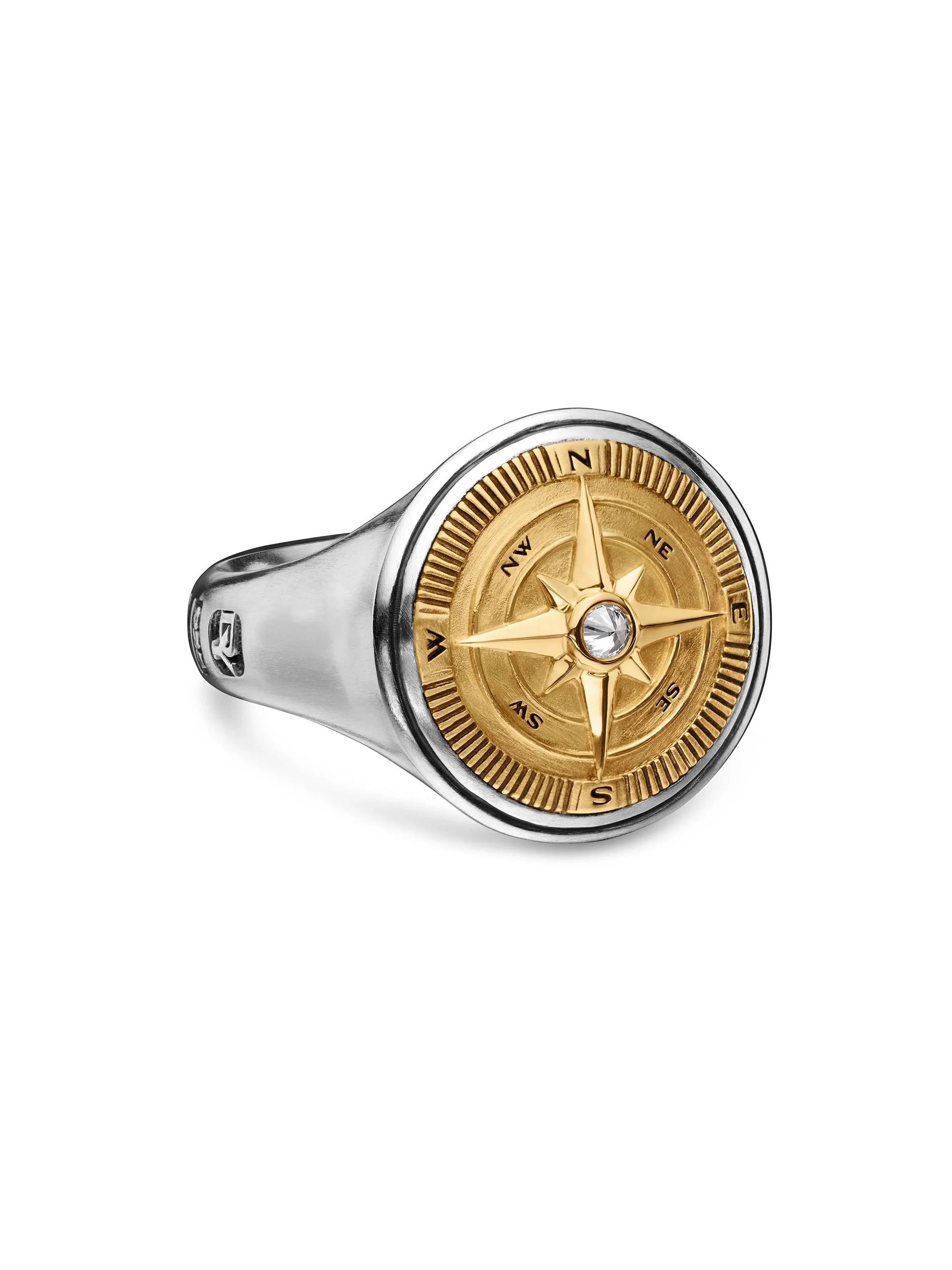 Men's Maritime Compass Signet Ring In Sterling Silver - Diamond - 1