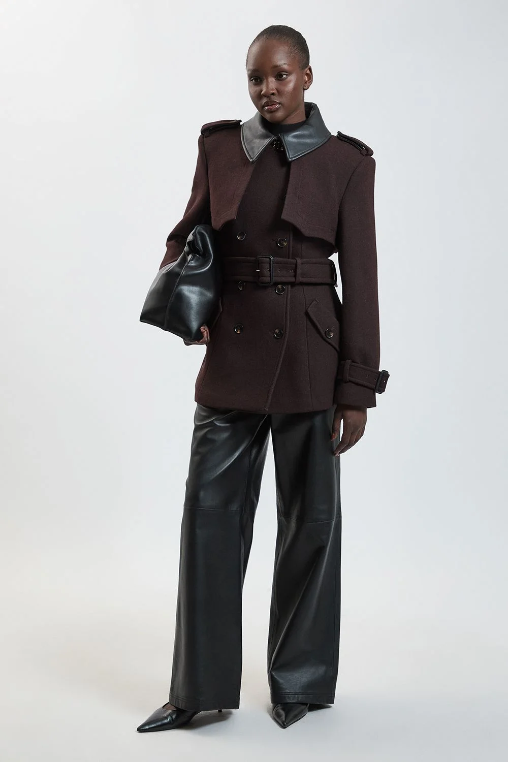 Wool & Faux Leather Detail Short Pea Coat - 1