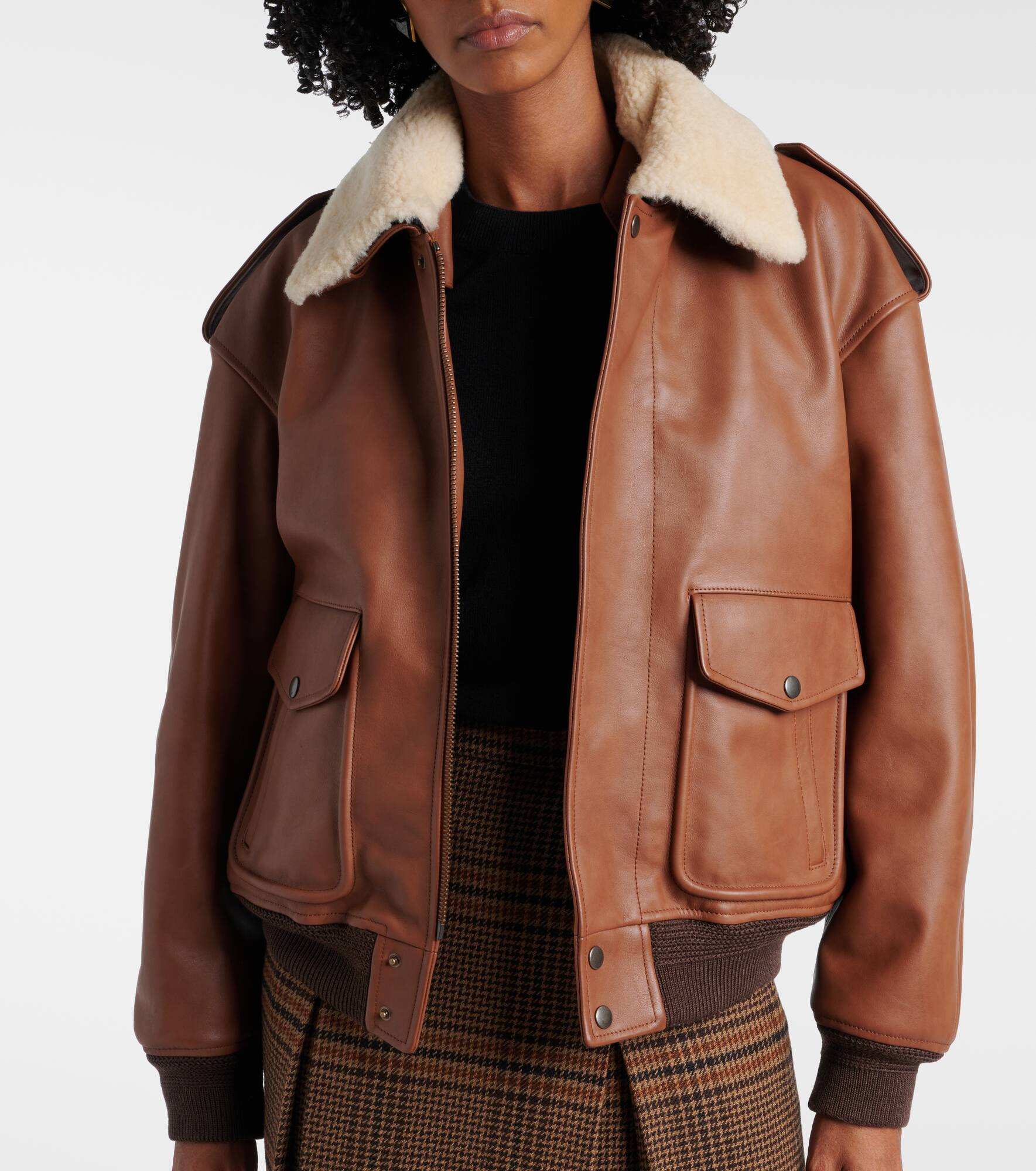 Shearling-trimmed leather bomber jacket - 6