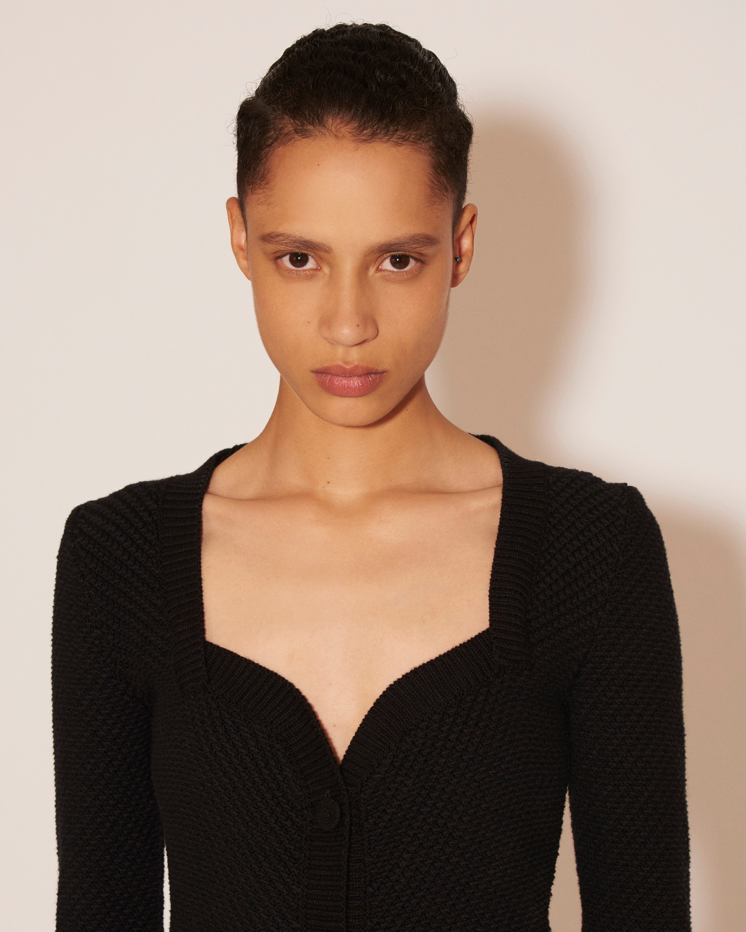 DANA - Cotton-tweed textured sweetheart neck dress - Black - 5