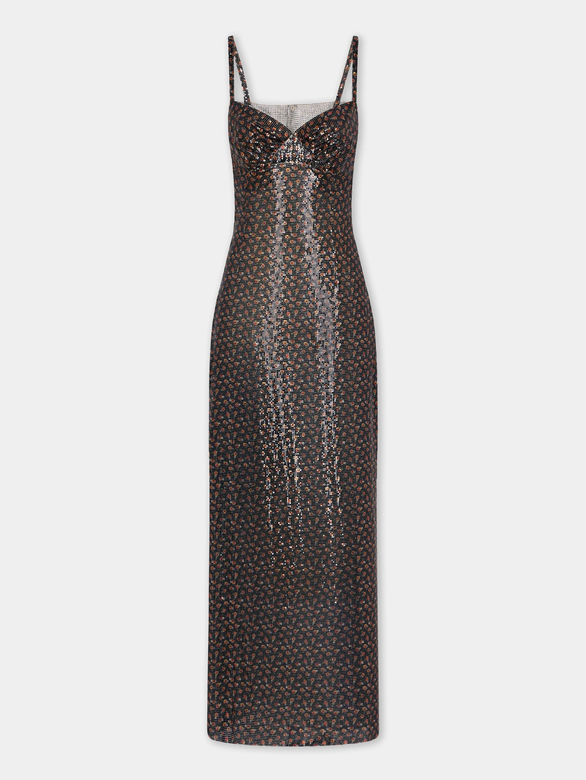 HAND ASSEMBLED LONG DRESS IN BLACK LIBERTY PRINT MESH - 1