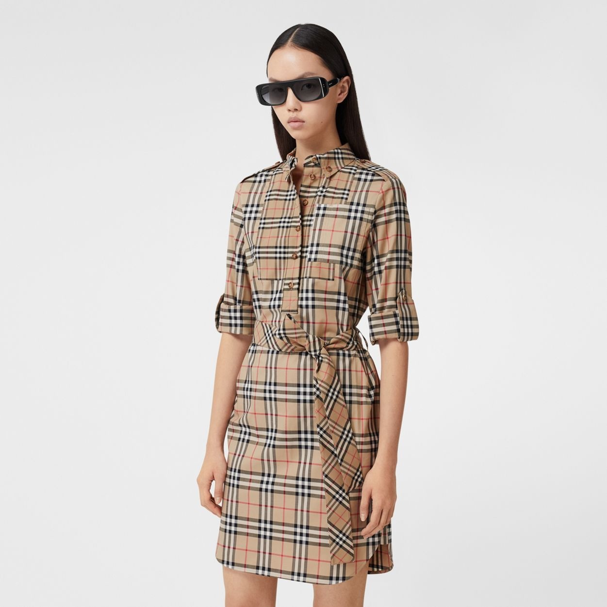 Contrast Check Stretch Cotton Tie-waist Shirt Dress - 6