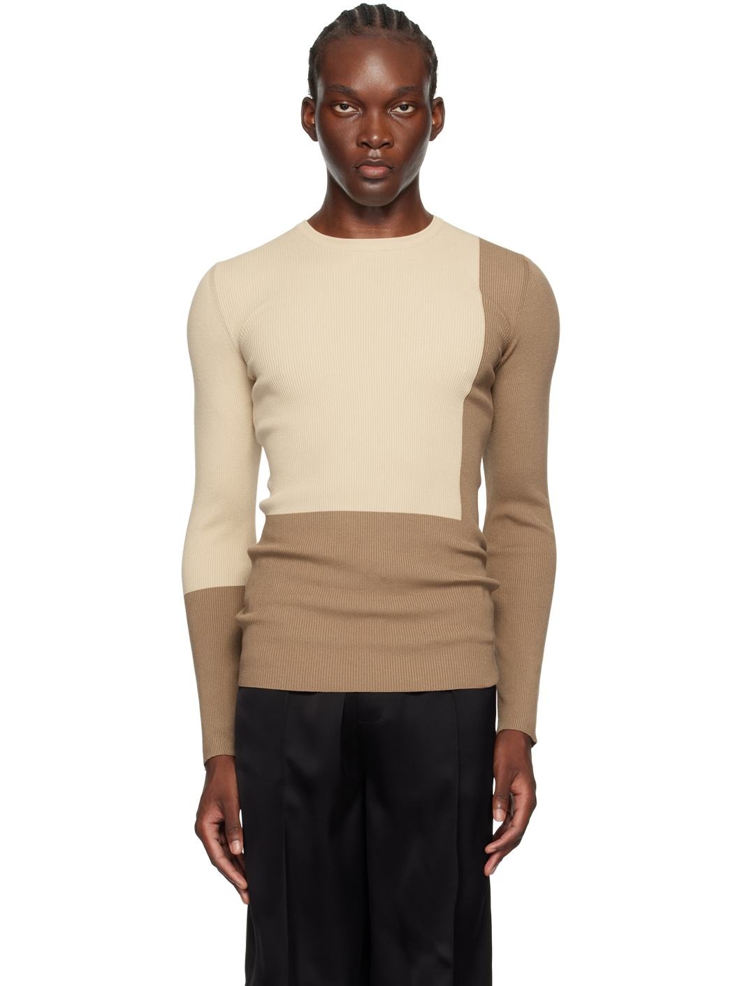 Beige & Tan Color Block Sweater - 1