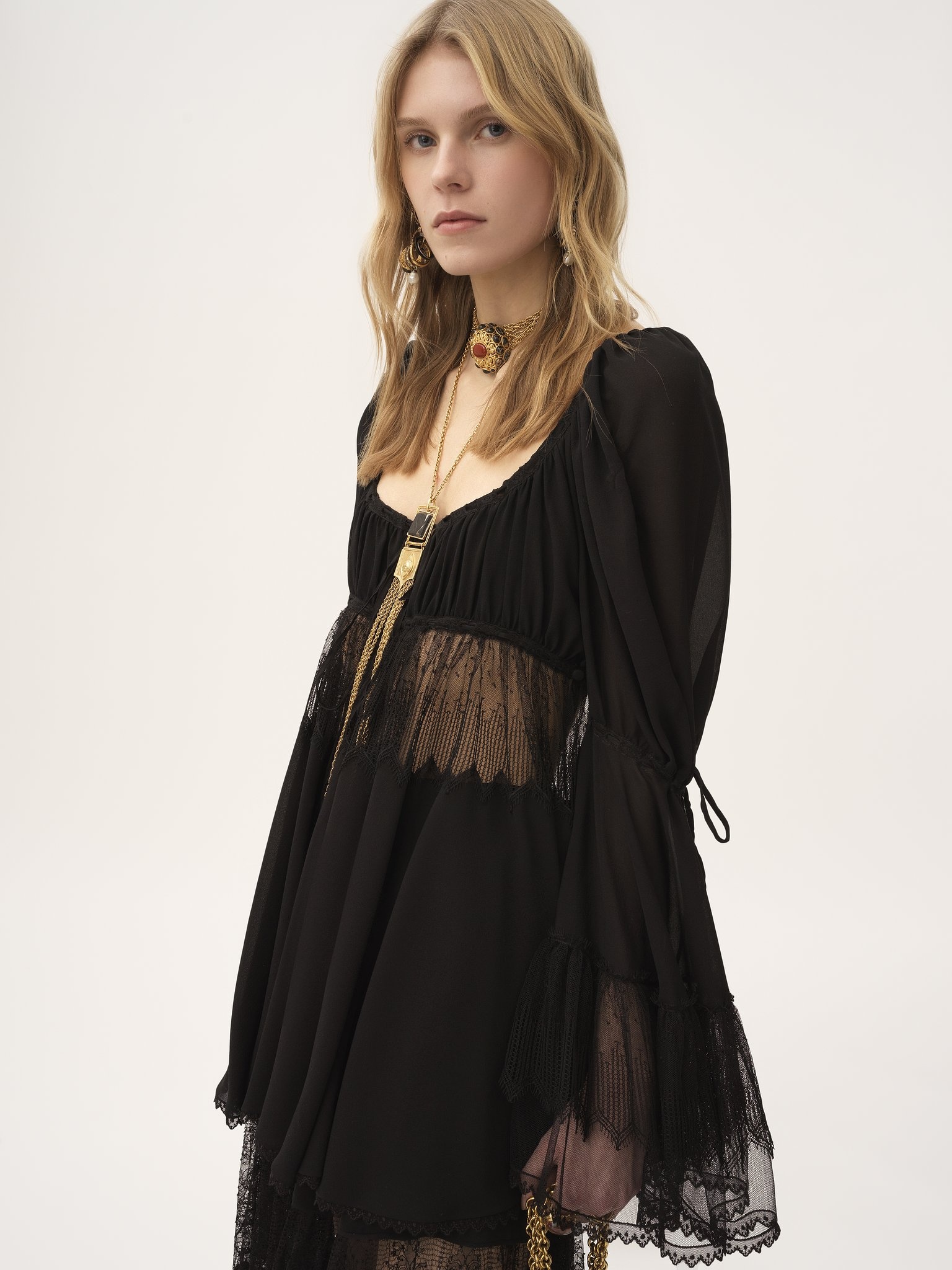 SCOOP-NECK PUFF-SLEEVE TOP IN SILK GEORGETTE & LACE - 4