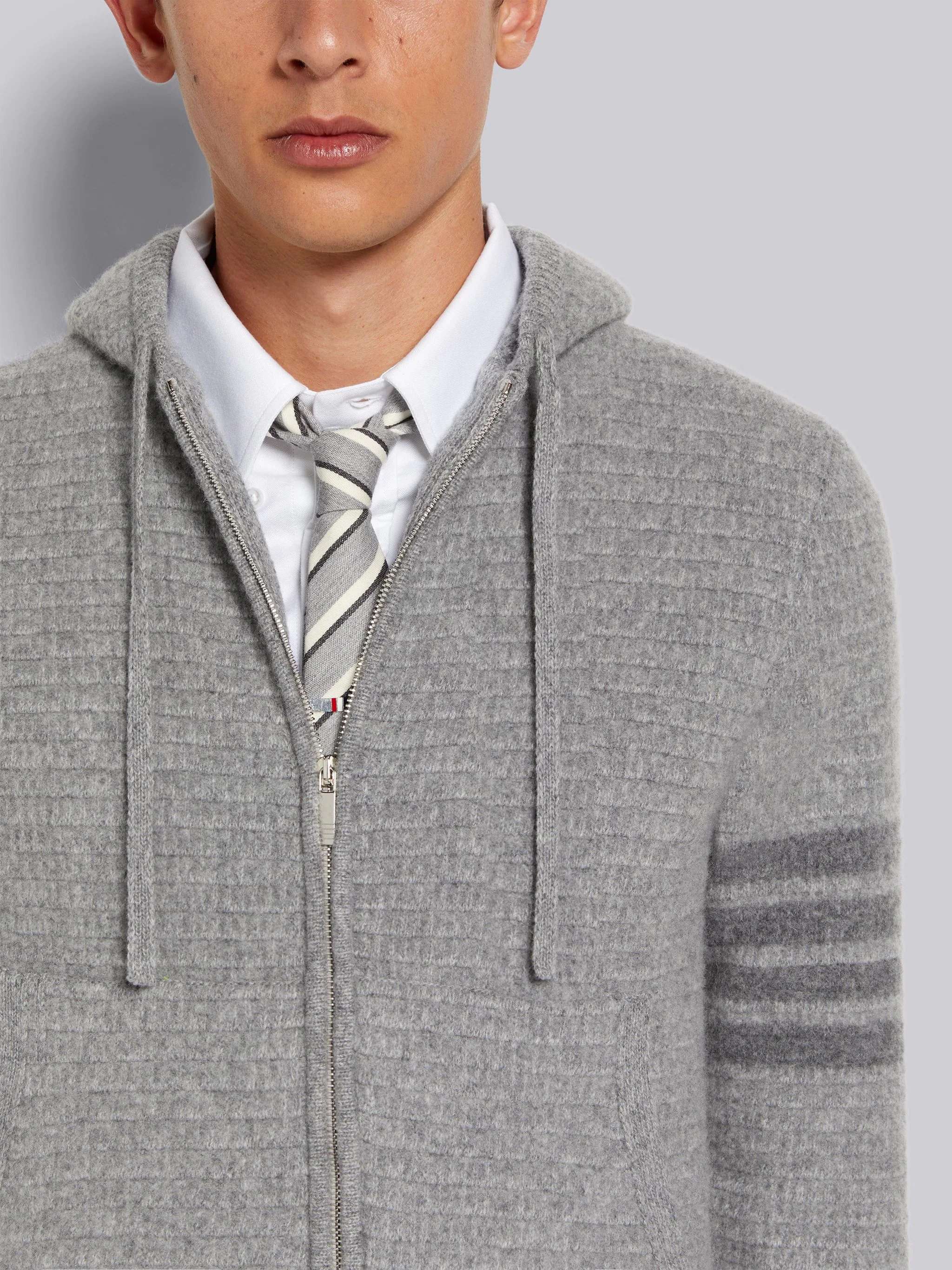 Light Grey Overwashed Cashmere 4-Bar Zip up Hoodie - 5