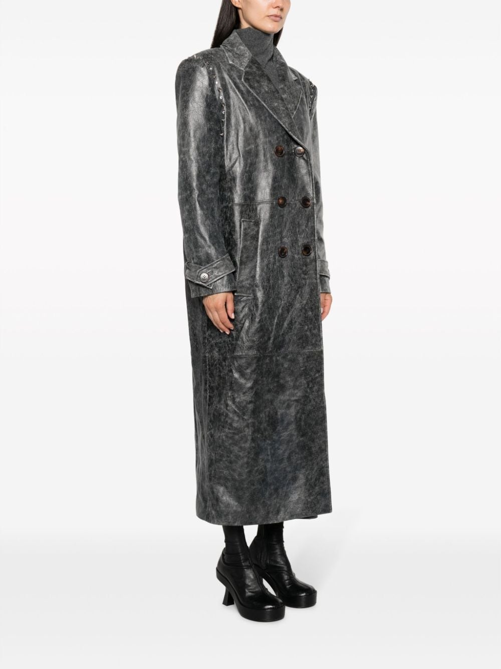 spike-stud leather long coat - 3