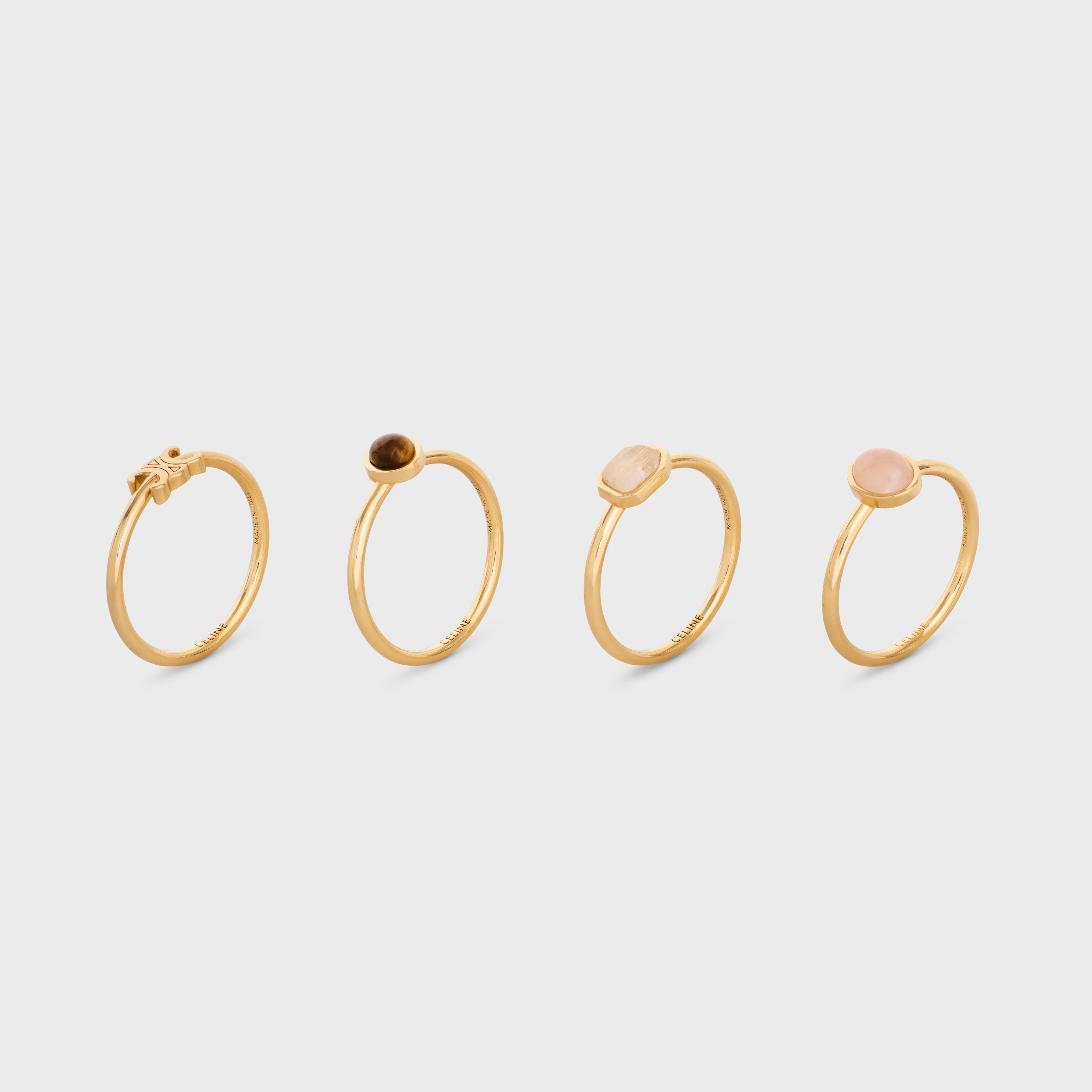 Triomphe Indie Set of 4 Rings in Brass with Gold Finish, Rutilated Quartz, Pink Quartz and Tiger Eye - 2