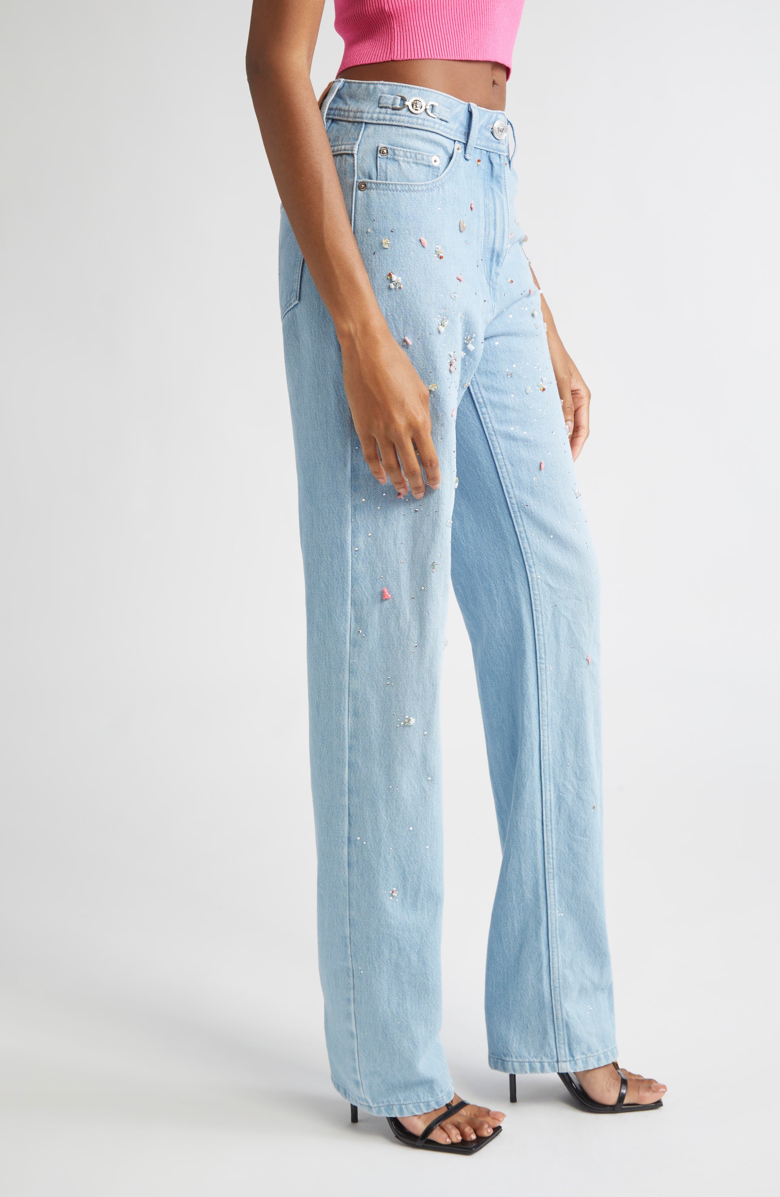 Versace Embellished Straight Leg Jeans in Light Blue at Nordstrom - 4