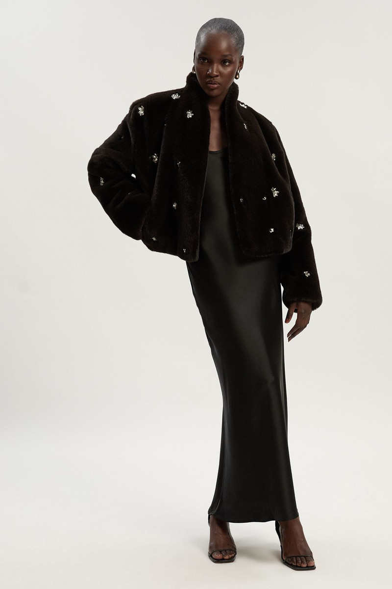 KAREN MILLEN Crystal Embellished Faux Fur Short Coat outlook