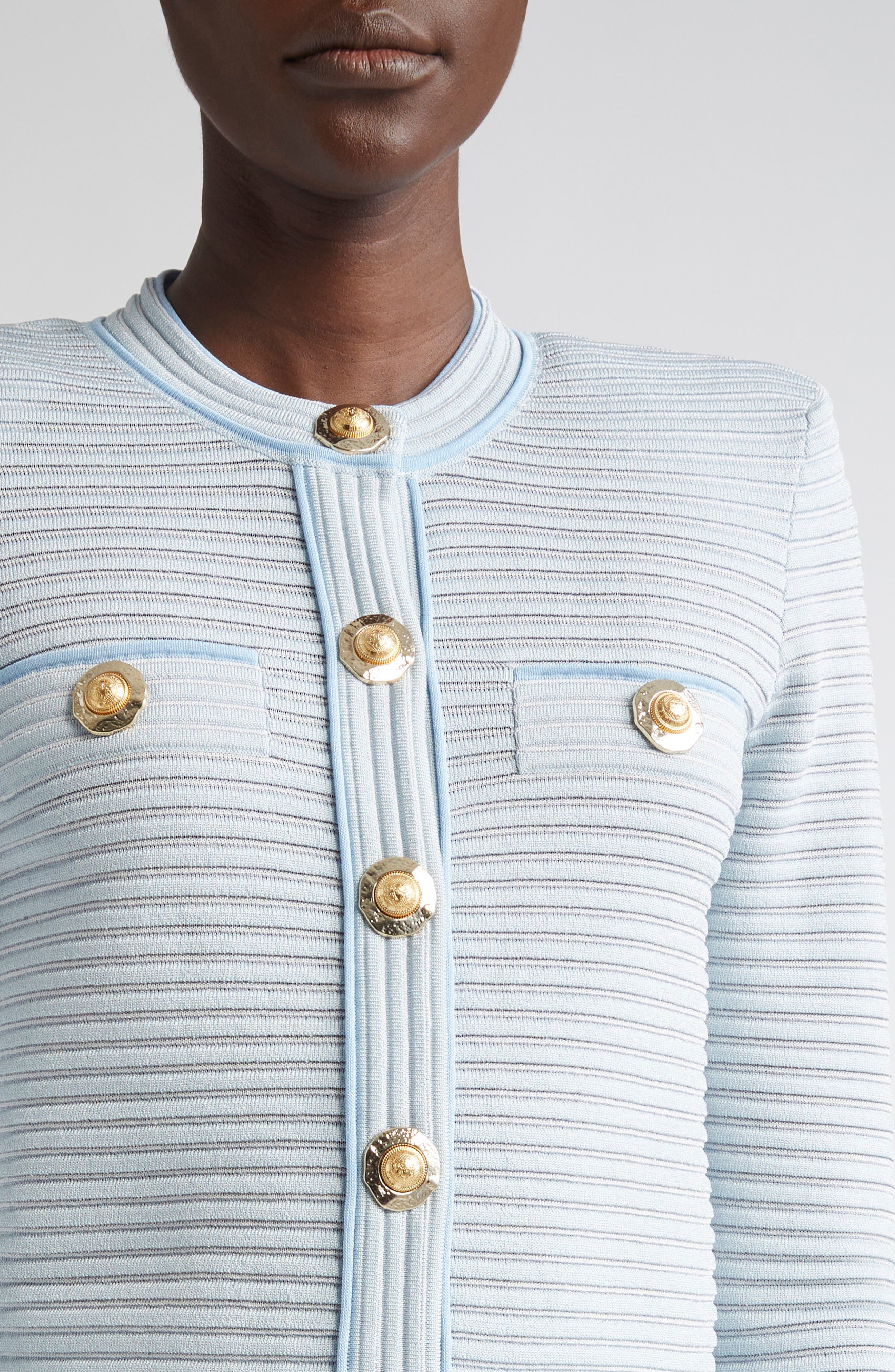 Balmain Long Sleeve Horizontal Rib Cardigan in Blue/White at Nordstrom - 5