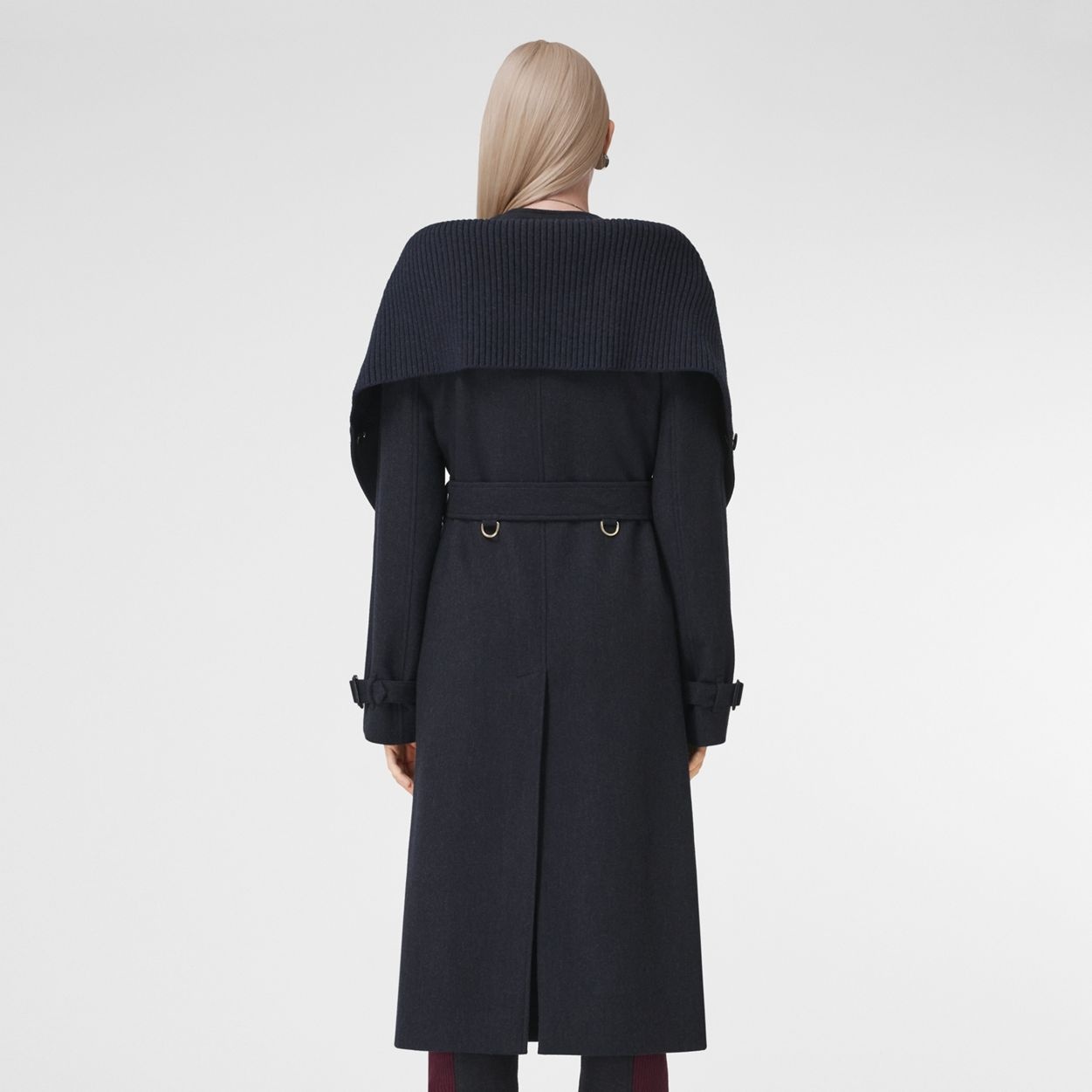 Rib Knit Collar Wool Cashmere Trench Coat - 3