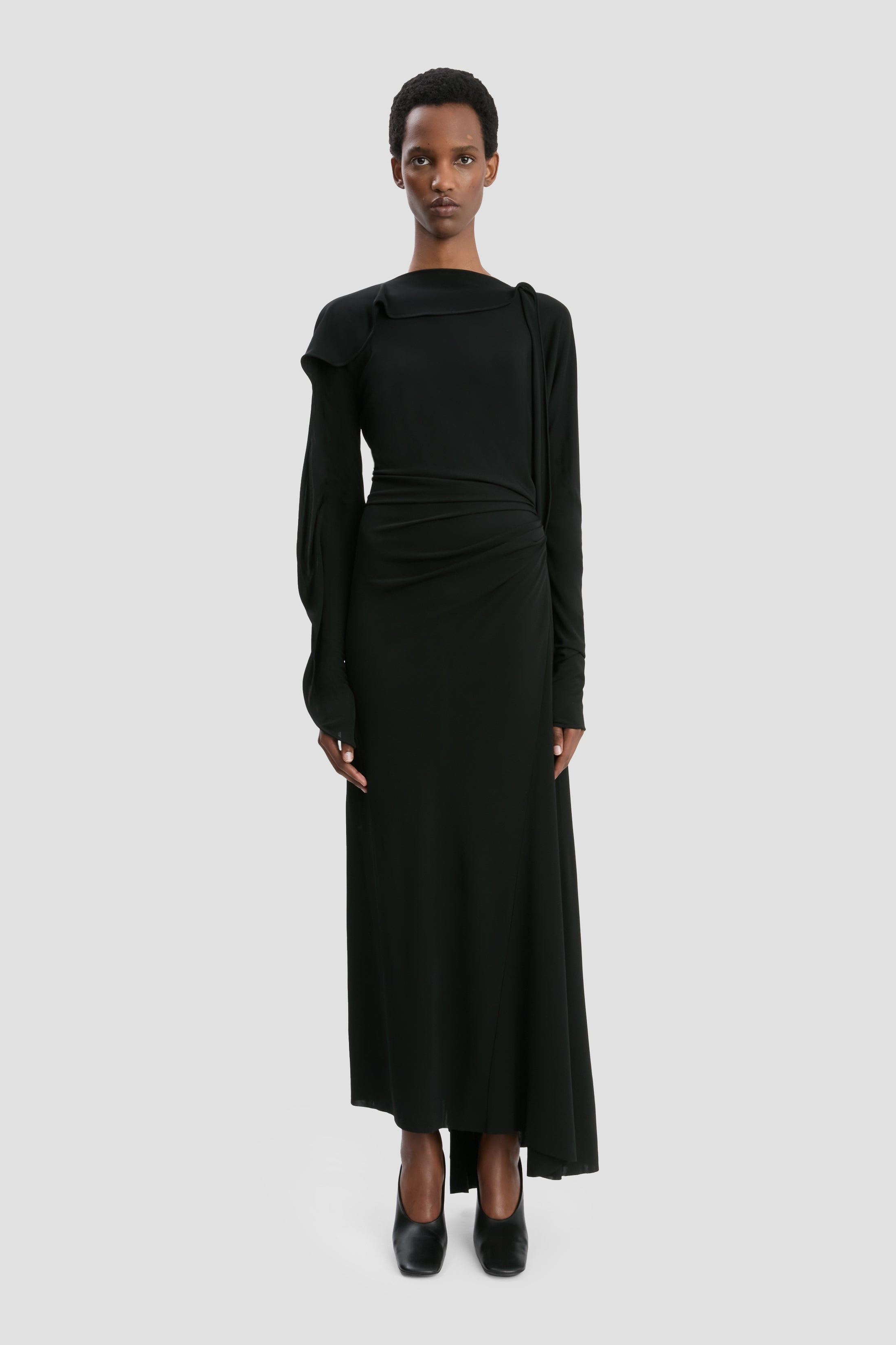 Long Sleeve Draped Jersey Midi Dress In Black - 2