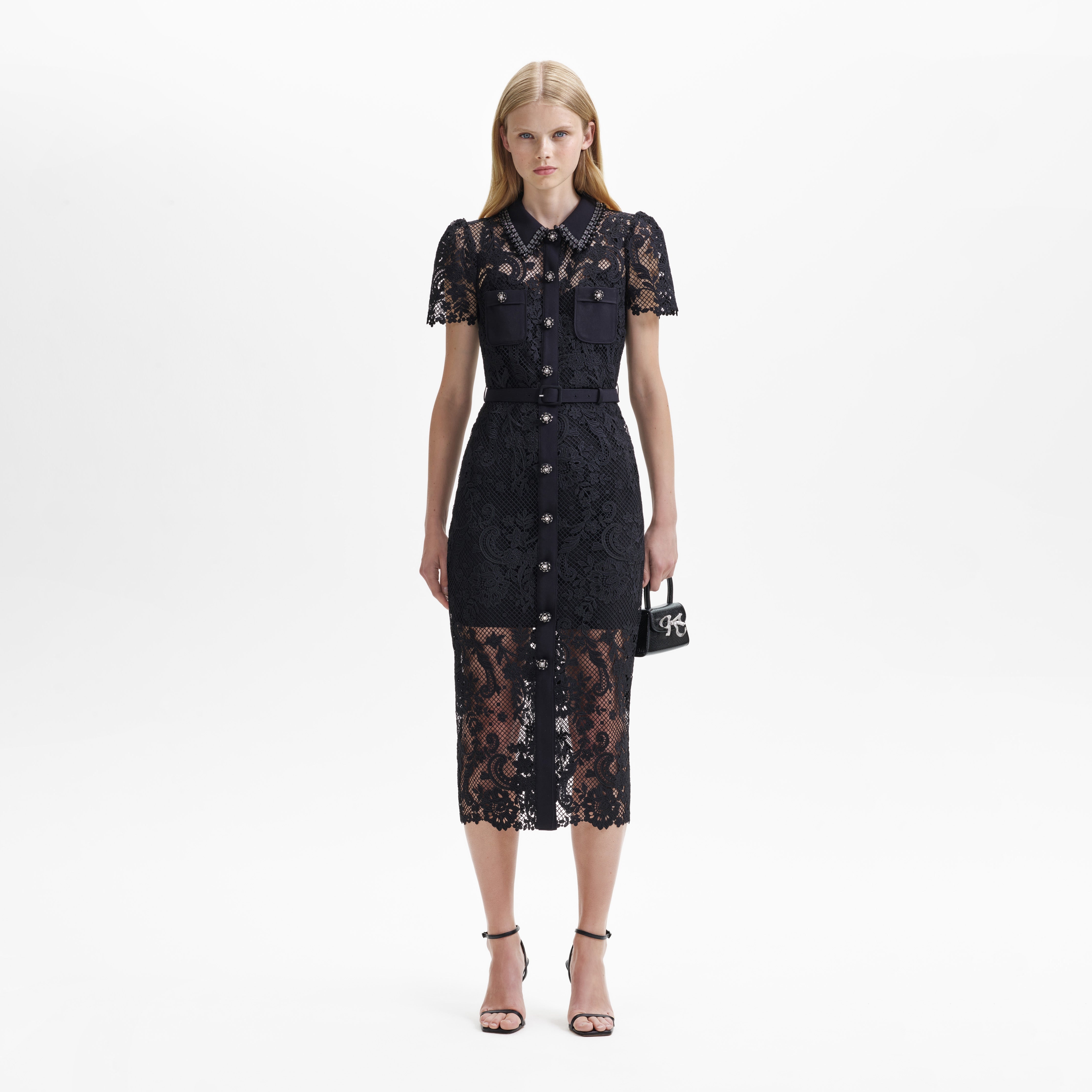 self-portrait Black Lace Button Front Midi Dress - AW23-918M-B | REVERSIBLE