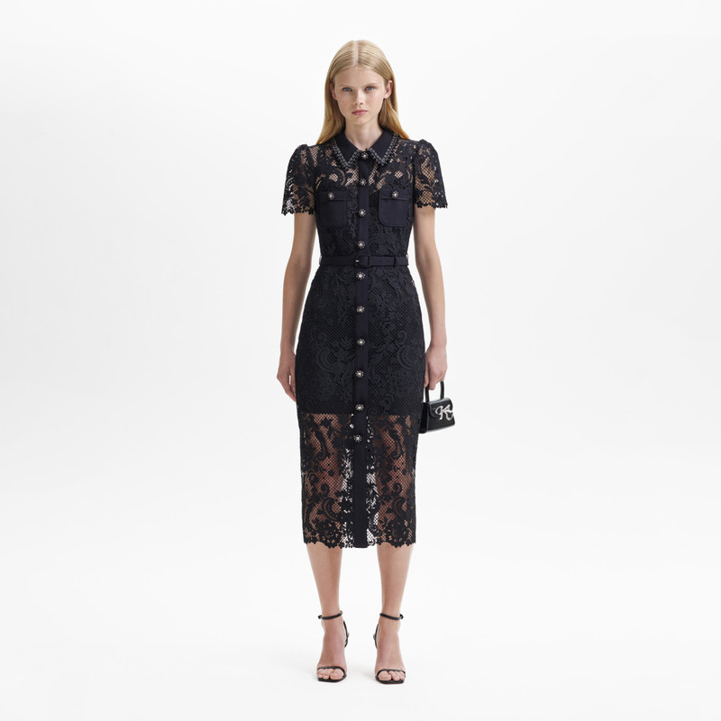chinese dress ladies Self-Portrait - Black Lace Trim Knit Midi Dress main image 0