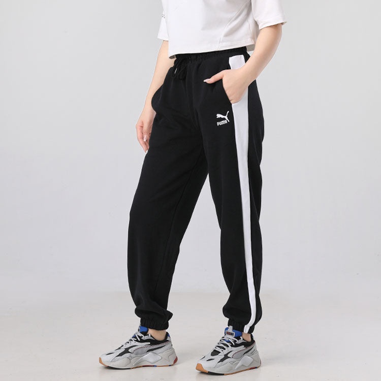 (WMNS) PUMA Classics Relaxed Joggers Logo Printing Sports Trousers Black 530282-01 - 5