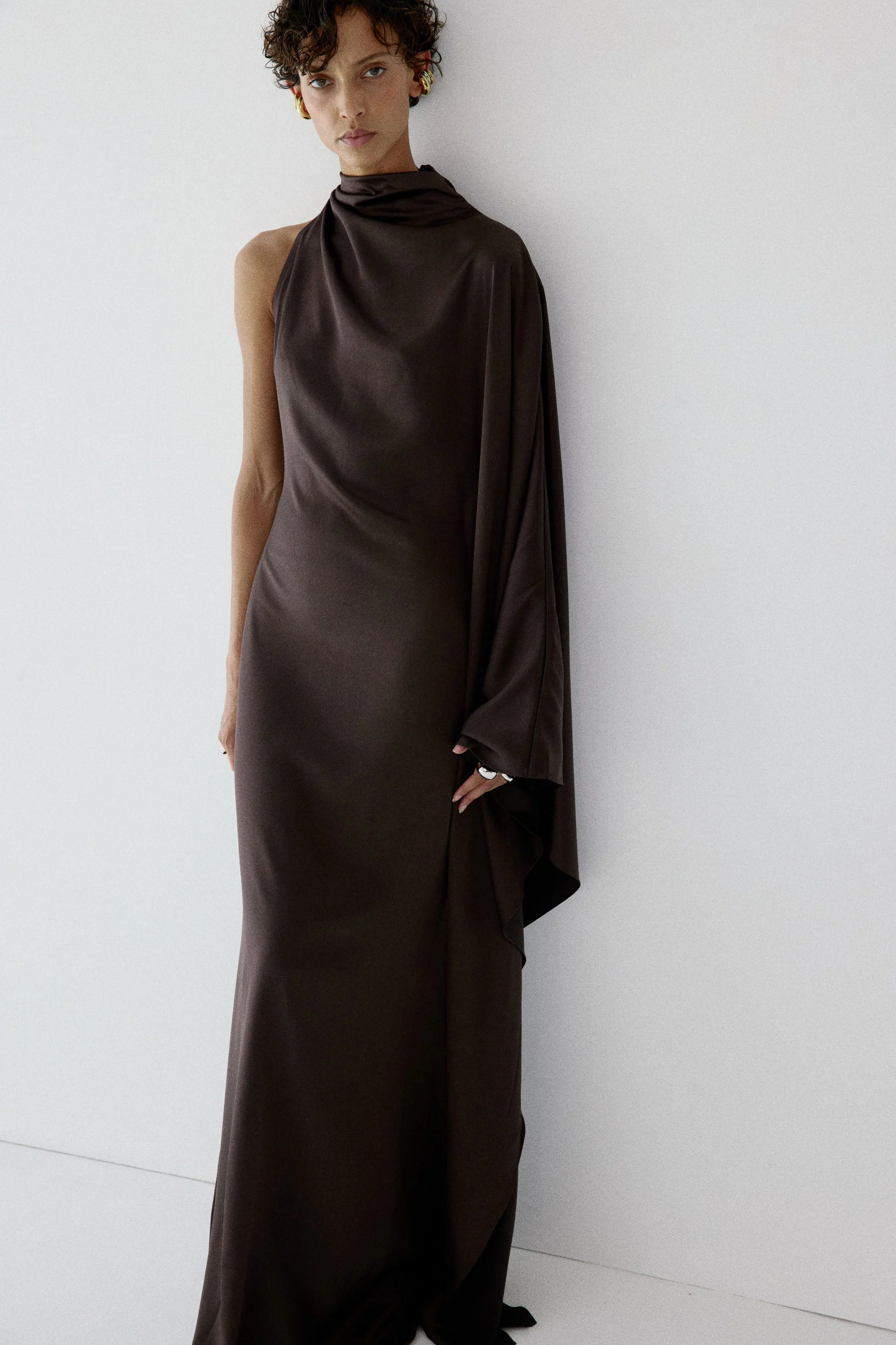 ODALUNA MAXI DRESS IN UMBER BROWN SATIN - 1