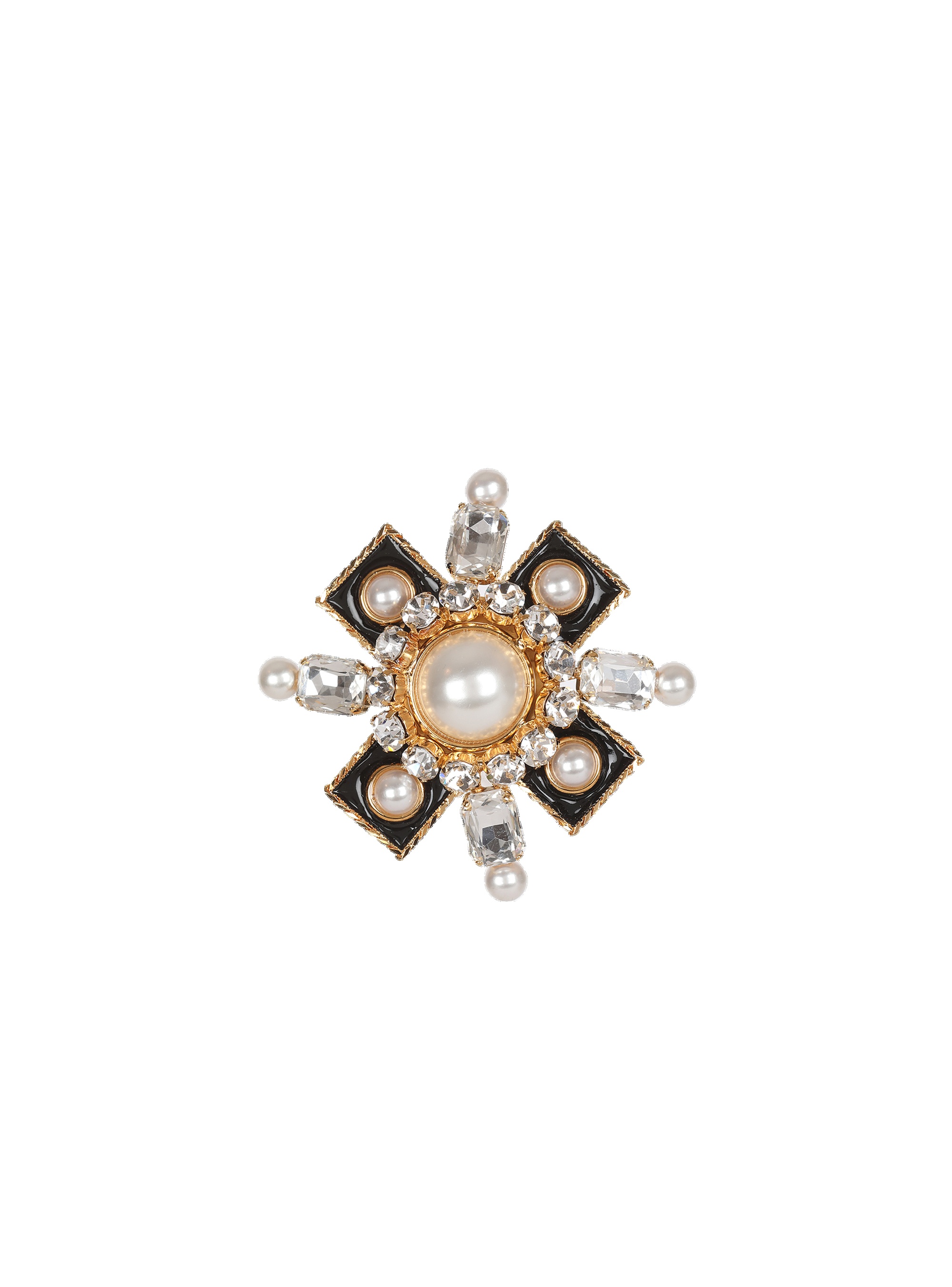 Metal cross-shaped brooch with pearls and rhinestones 1