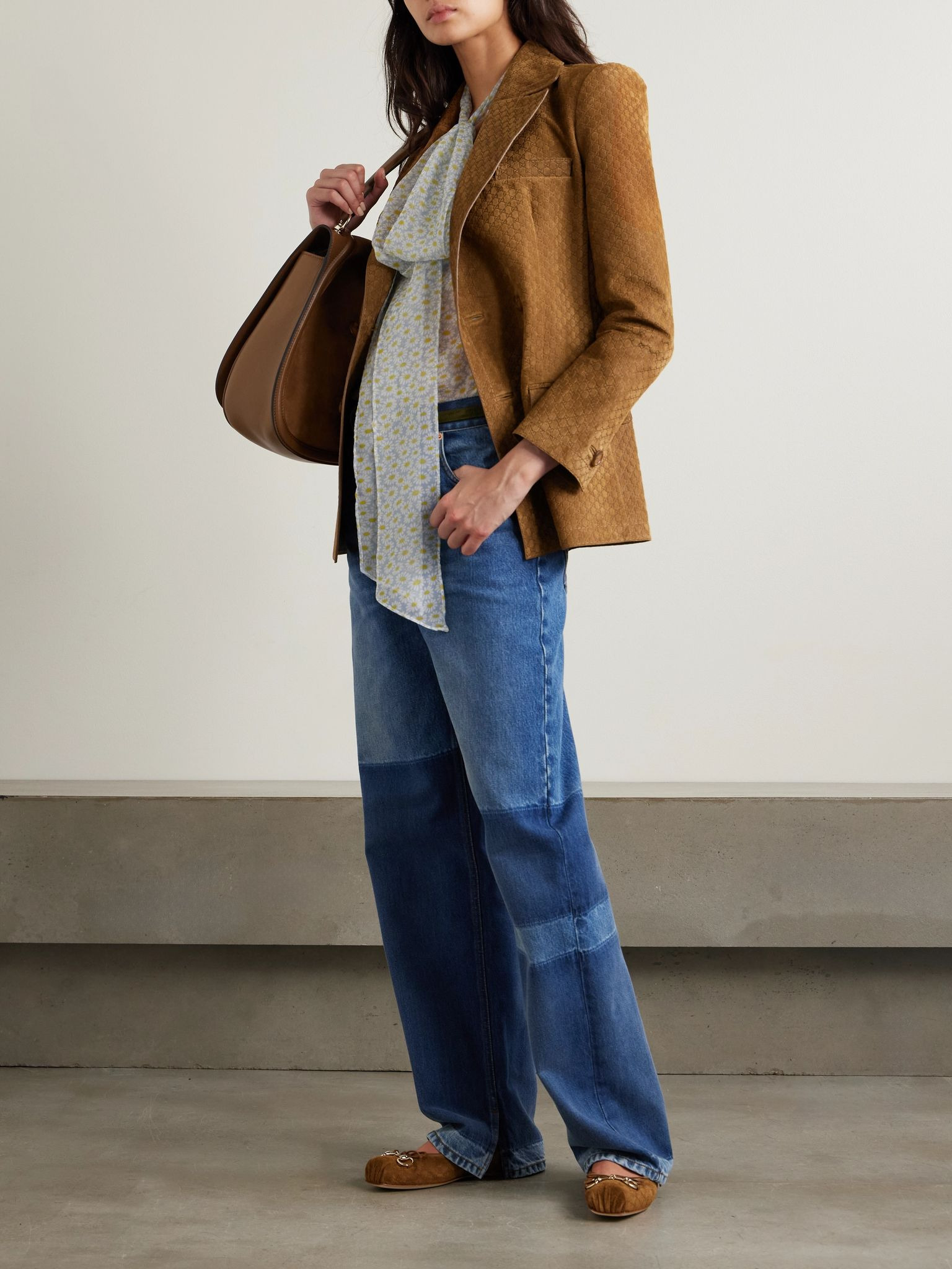Double-breasted horsebit-detailed debossed suede blazer Brown - 2