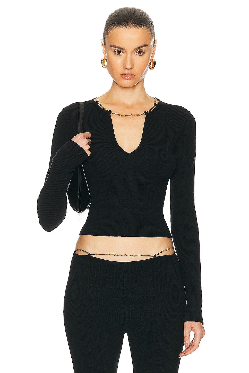 V Neck Long Sleeve Top With Logo Necklace - 1