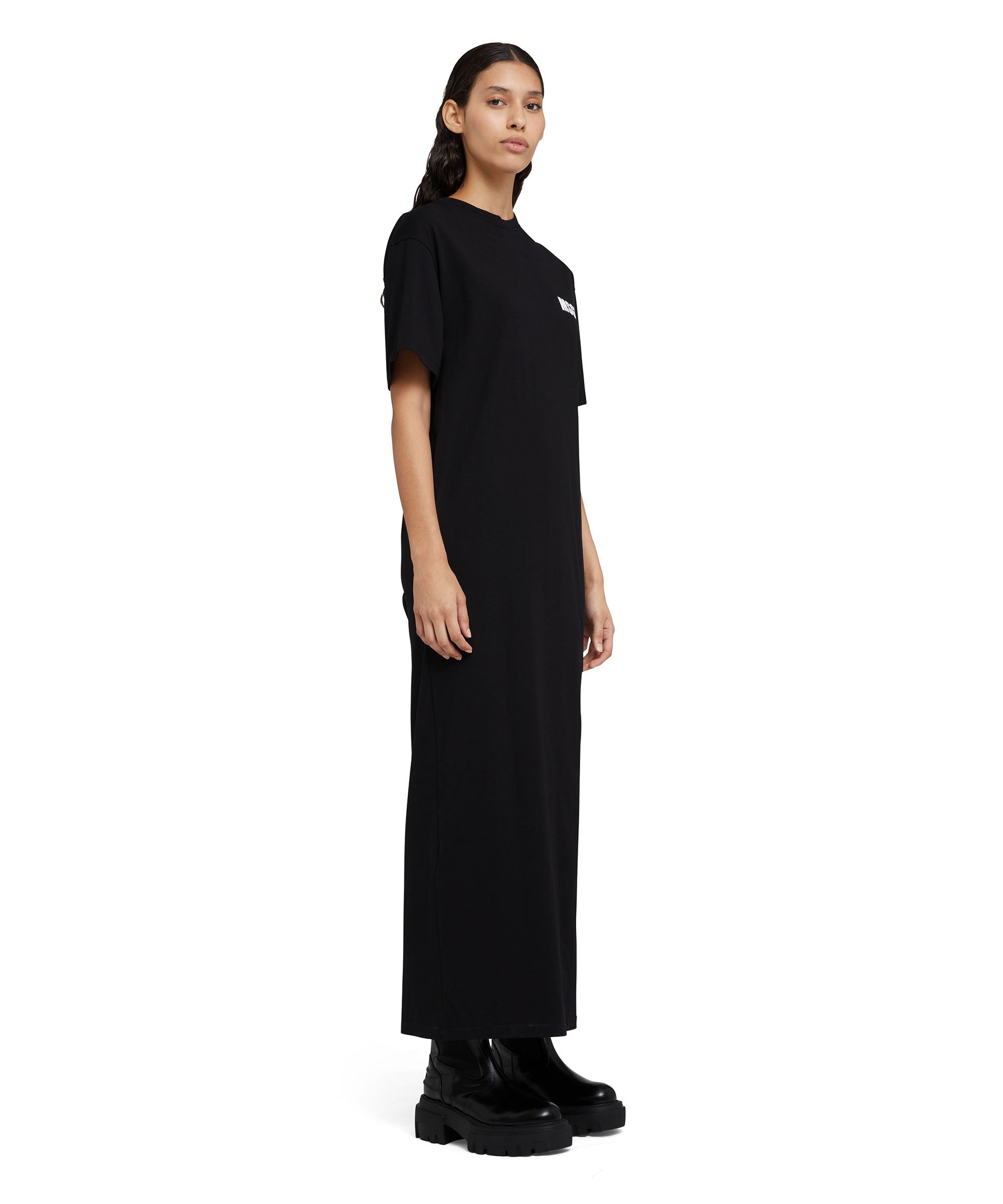 Long cotton dress with side slit and quote logo - 5