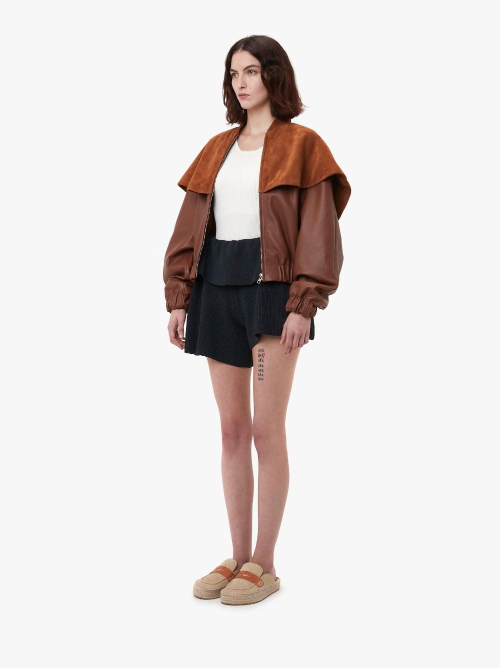 LEATHER BOMBER JACKET WITH OVERSIZED COLLAR - 4