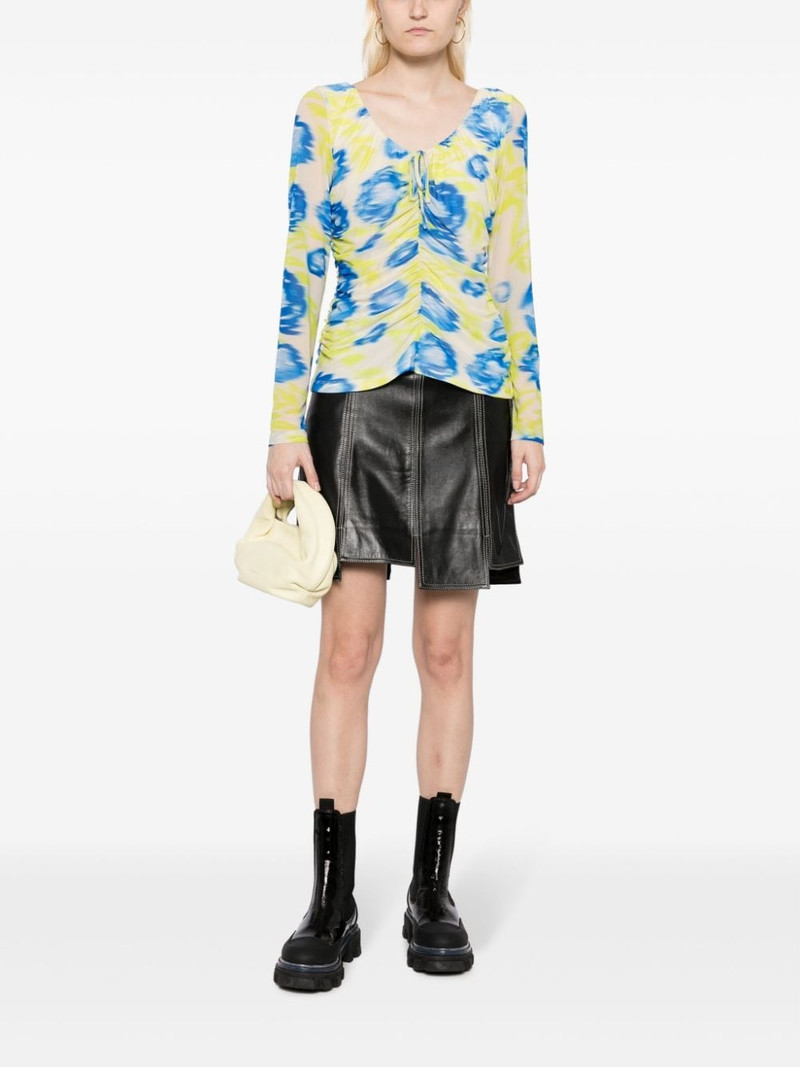 GANNI floral-print ruched mesh top outlook