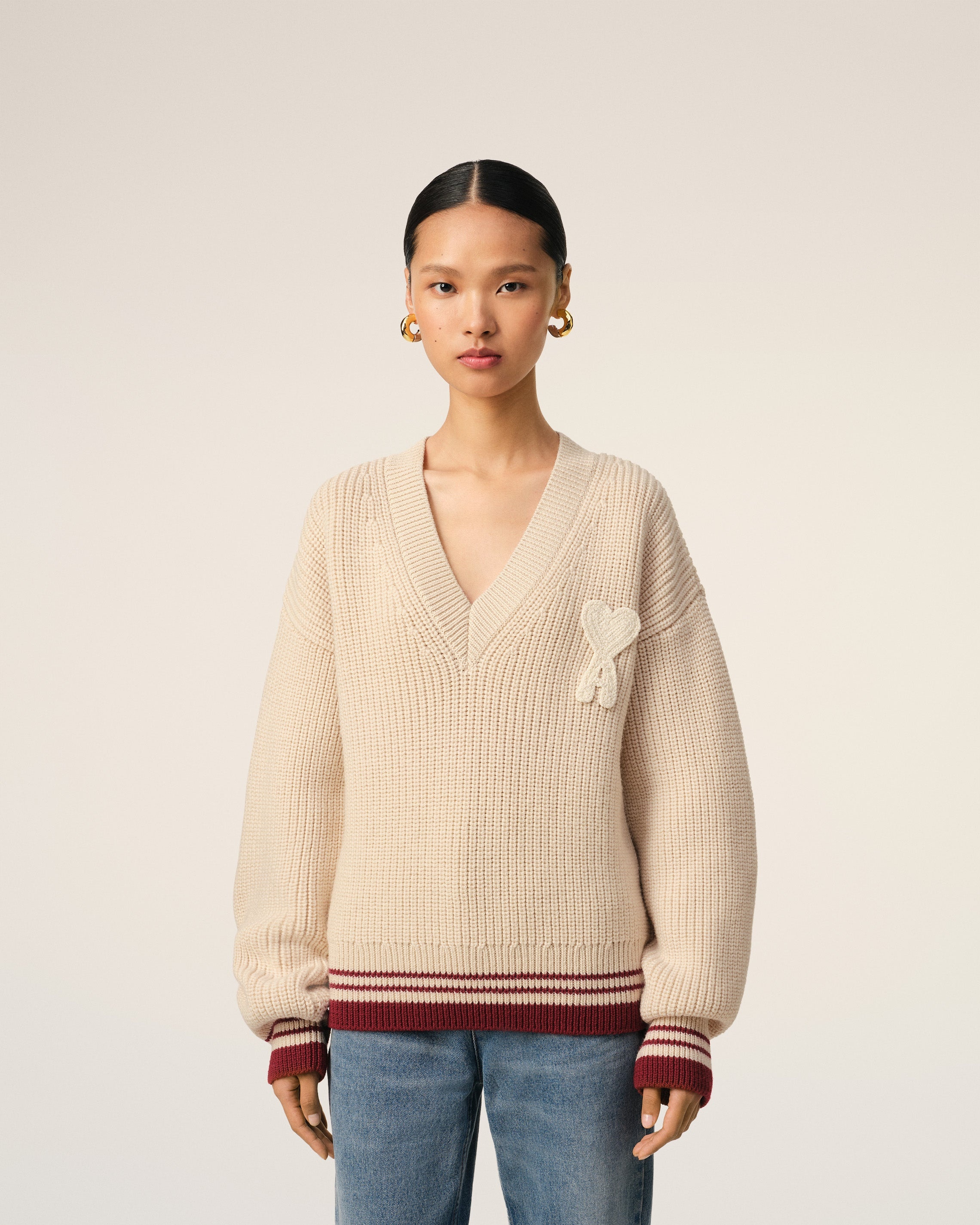 BEIGE WOOL RIBBED V NECK SWEATER - 3