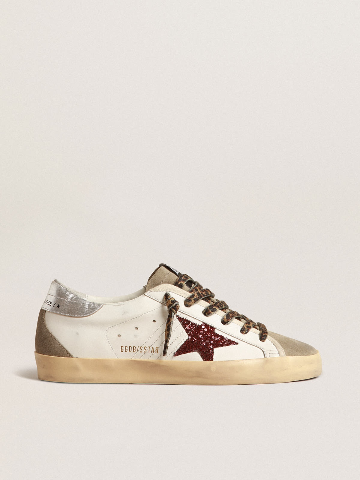 Golden Goose Super-Star with burgundy glitter star and silver heel