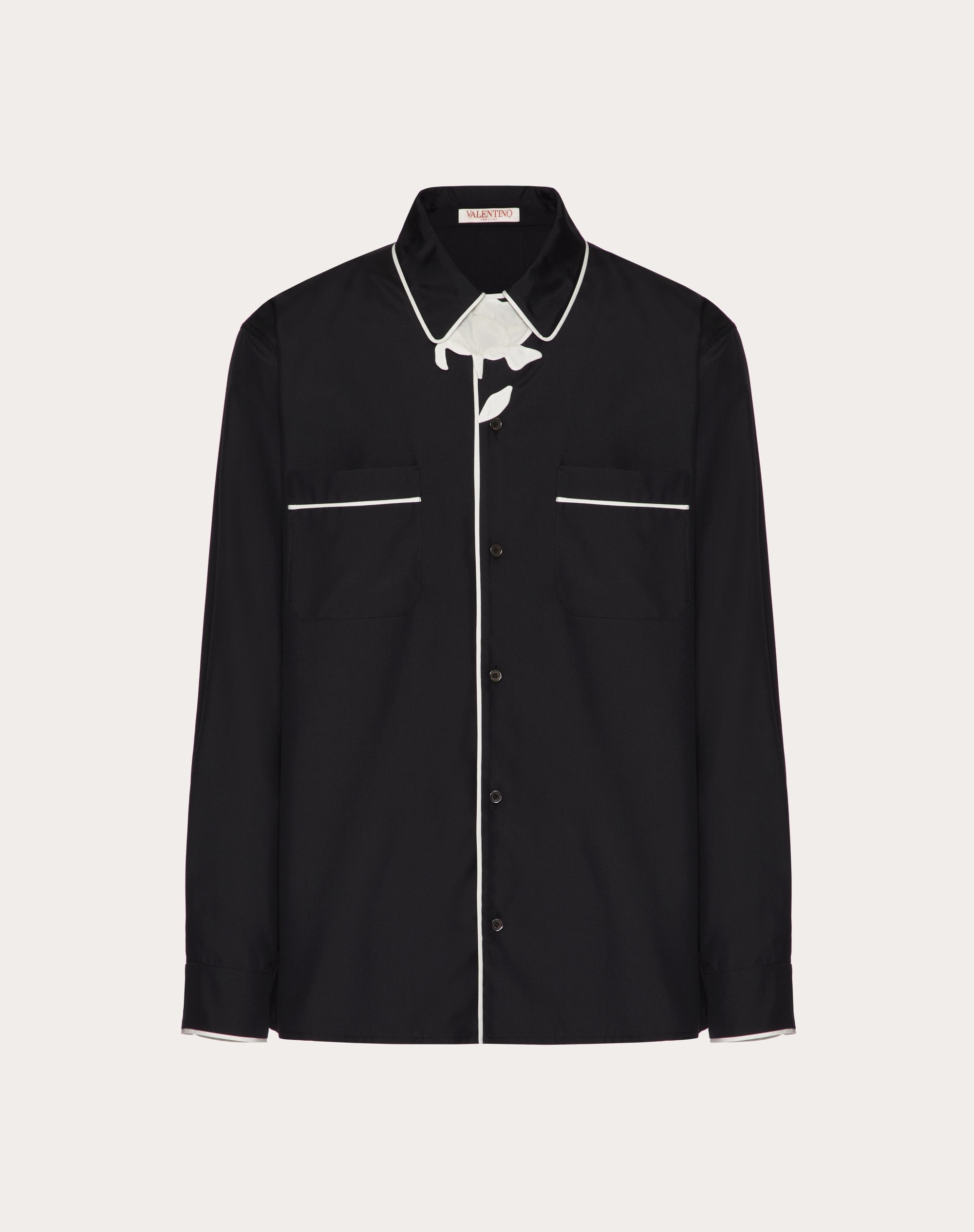 SILK POPLIN PAJAMA SHIRT WITH FLOWER EMBROIDERY - 1