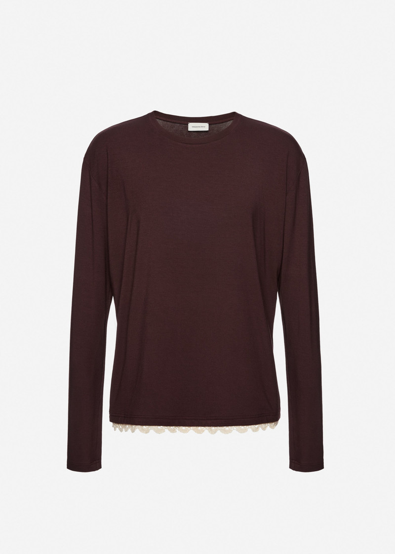 Long-sleeve blouse with crochet hem in brown 1
