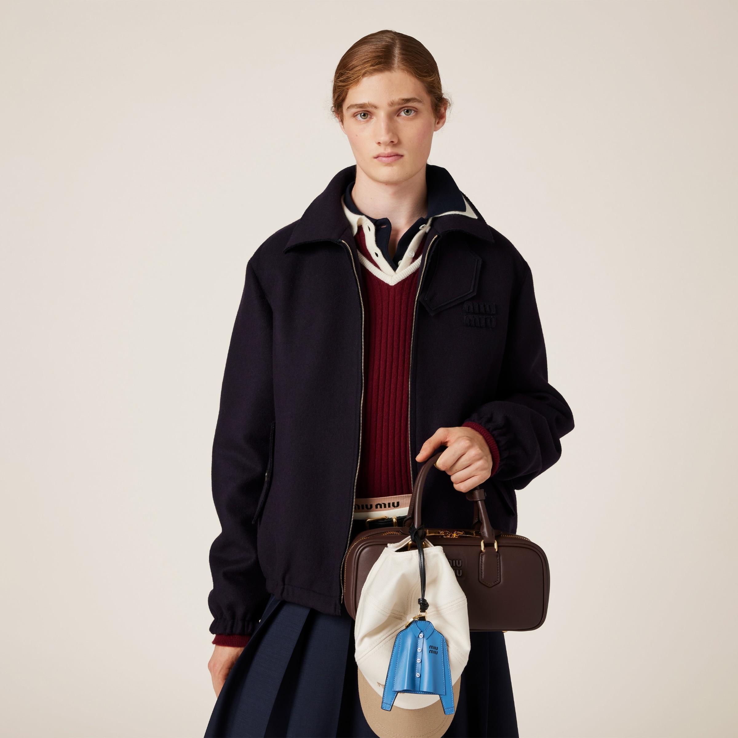 ミュウミュウ Miu Miu Wool Jacket Miu Miu Logo-Embroidered Zip Up Wool Bomber Jacket