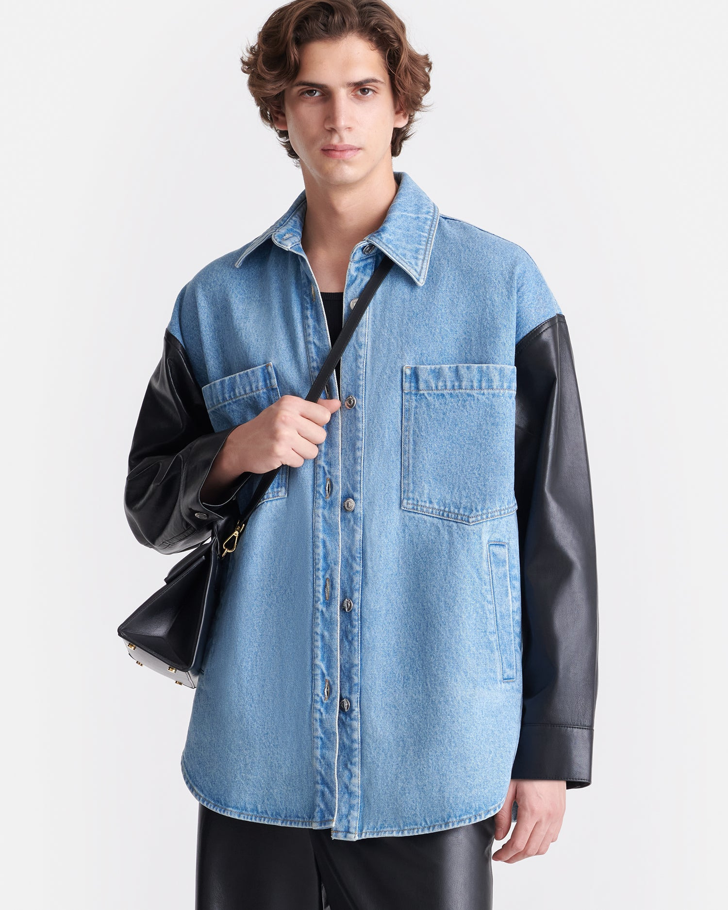 Denim and Regenerated Leather Shirt - 4
