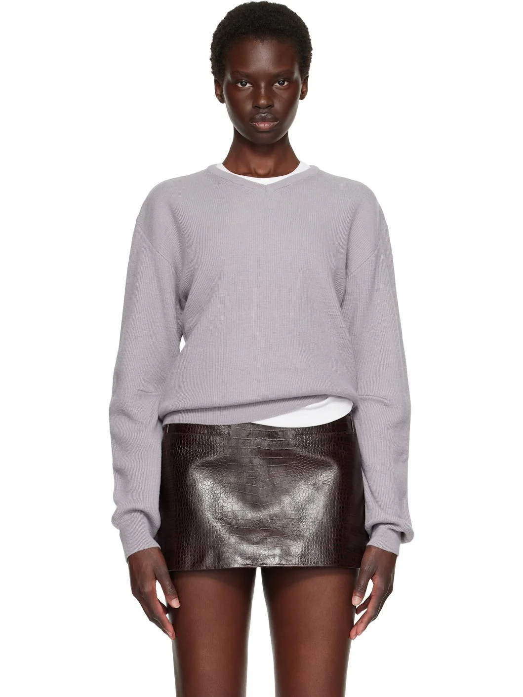 Gray Superfine Wool Commando V-Neck Sweater - 1