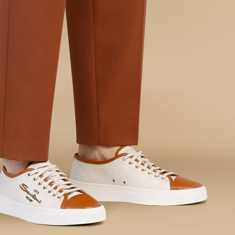 Santoni Men's brown leather and canvas sneaker outlook