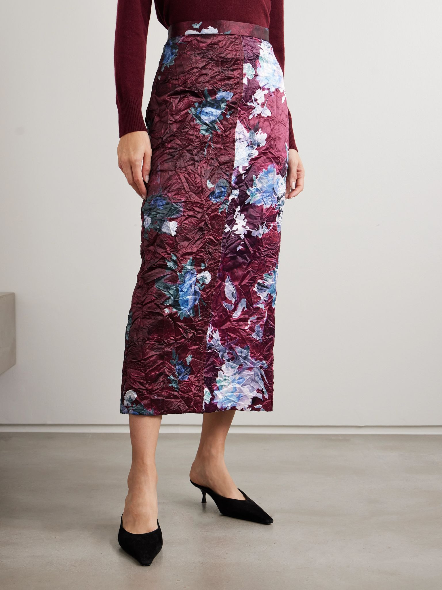 Floral-print crinkled duchesse-satin midi skirt Burgundy - 3