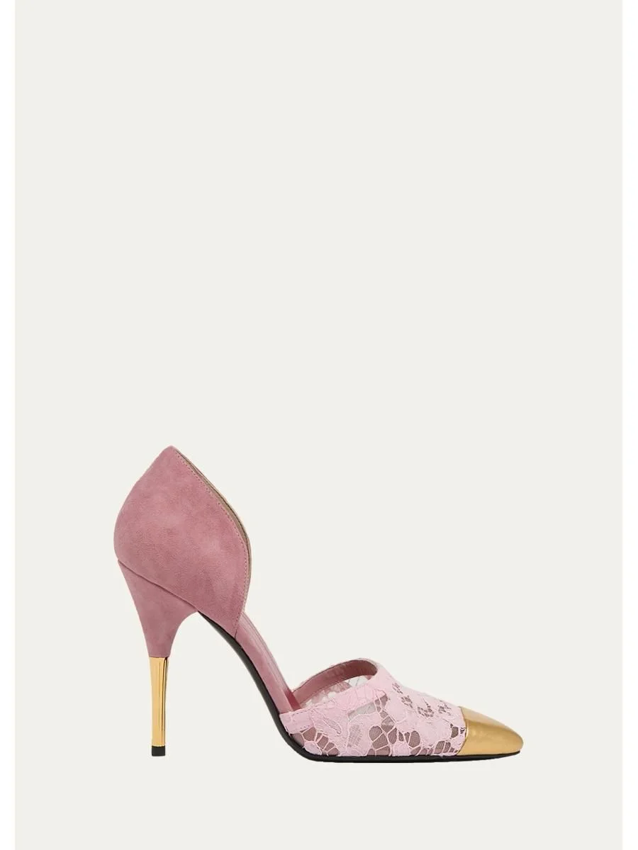 D'Orsay Lace-Embellished Suede Pump - 1
