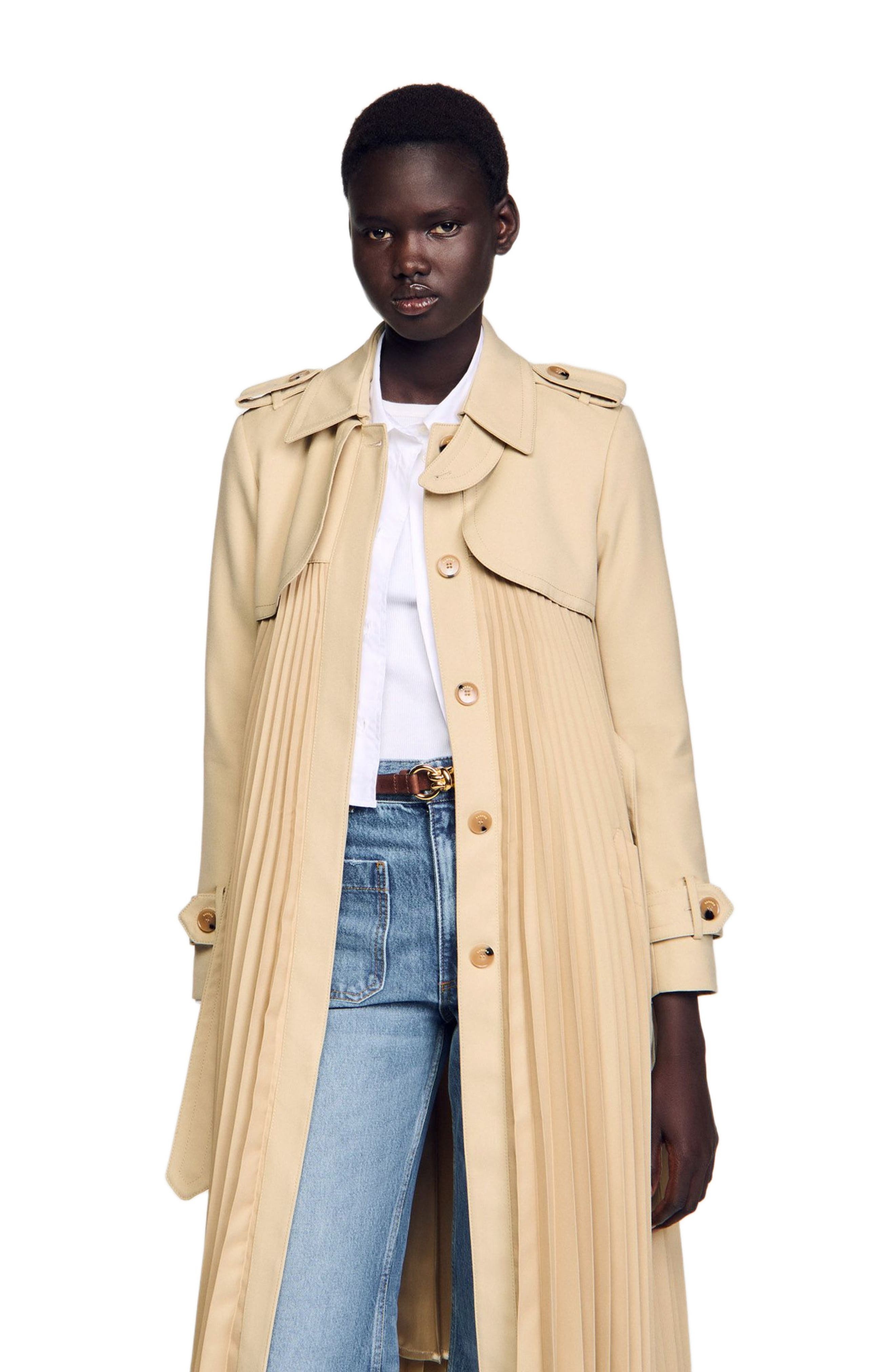 SANDRO Pleated trench coat with belt in Beige at Nordstrom - 4