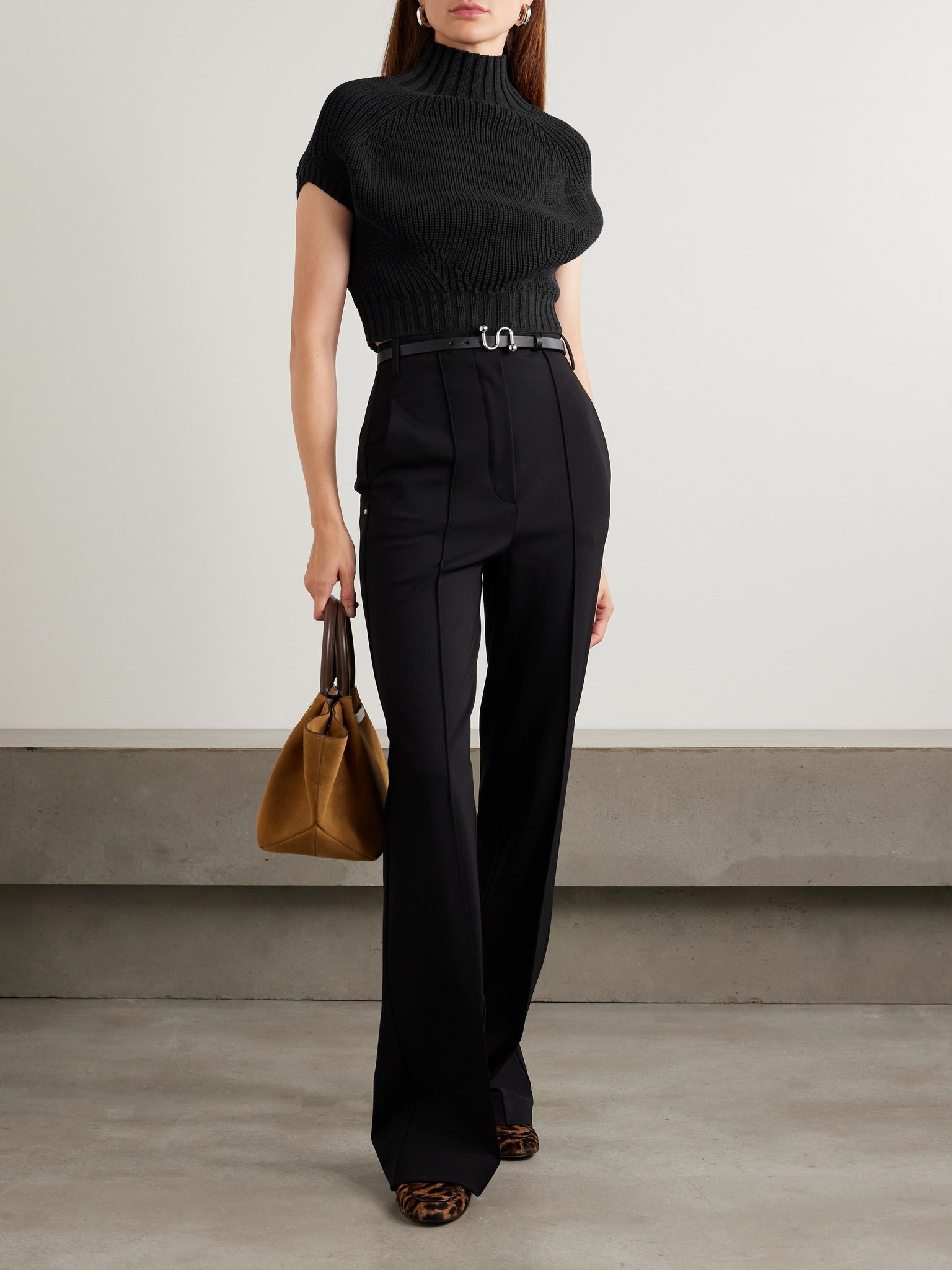 Balloon cropped ribbed cotton-blend sweater Black - 2