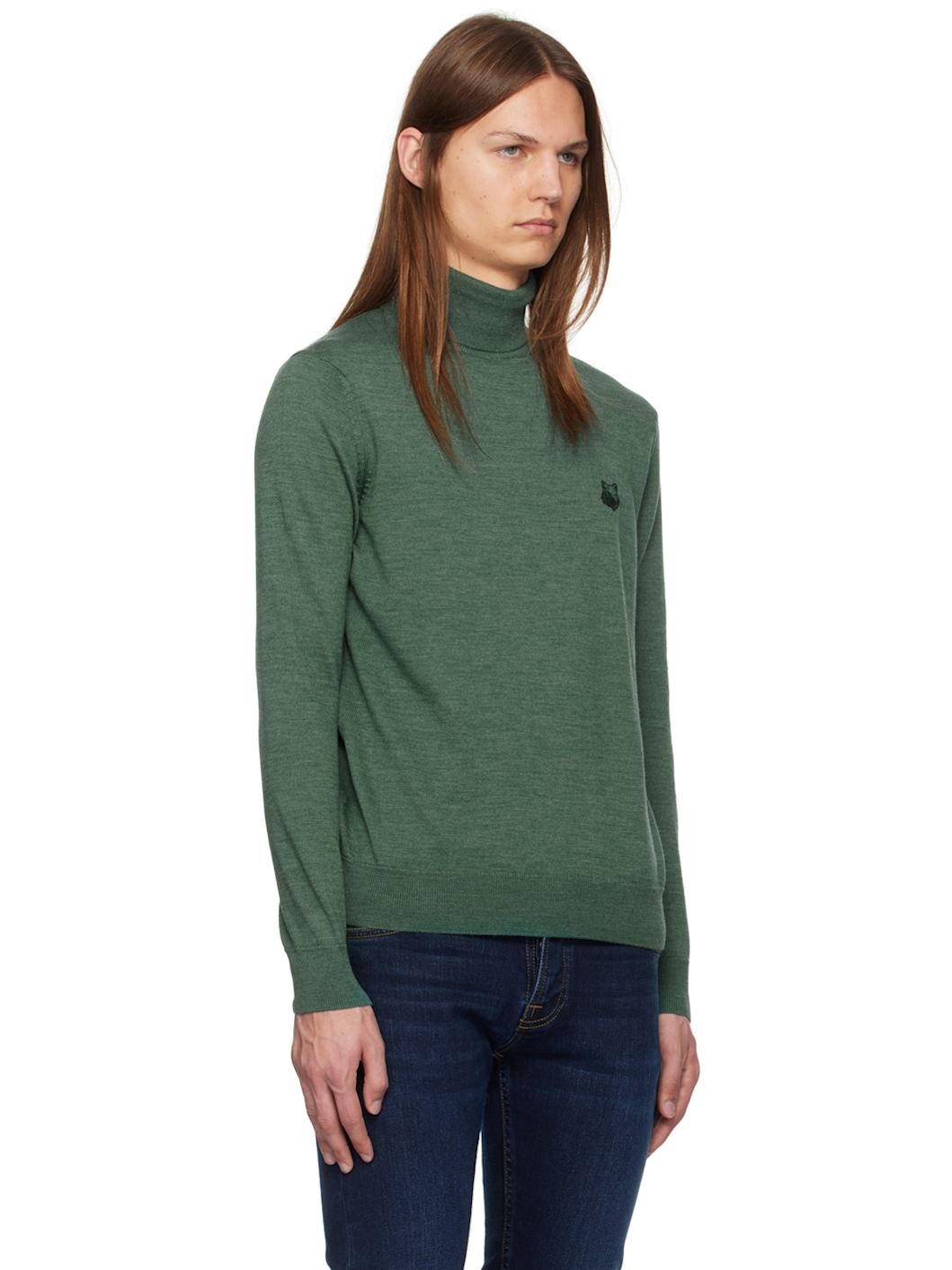 Green Bold Fox Head Patch Regular Turtleneck - 2