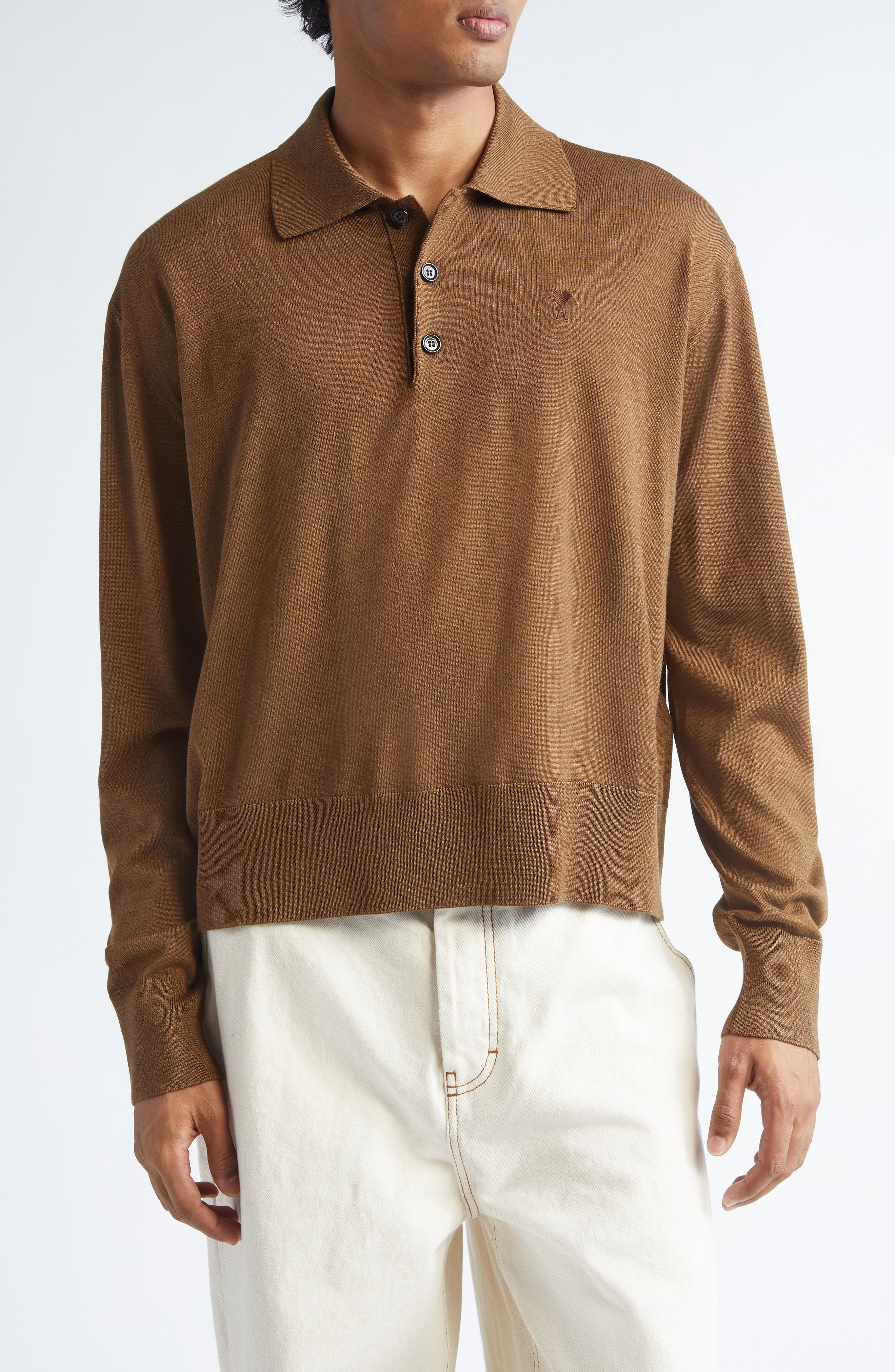 AMI PARIS Ami de Coeur Wool & Silk Polo Sweater in Hazelnut at Nordstrom - 1